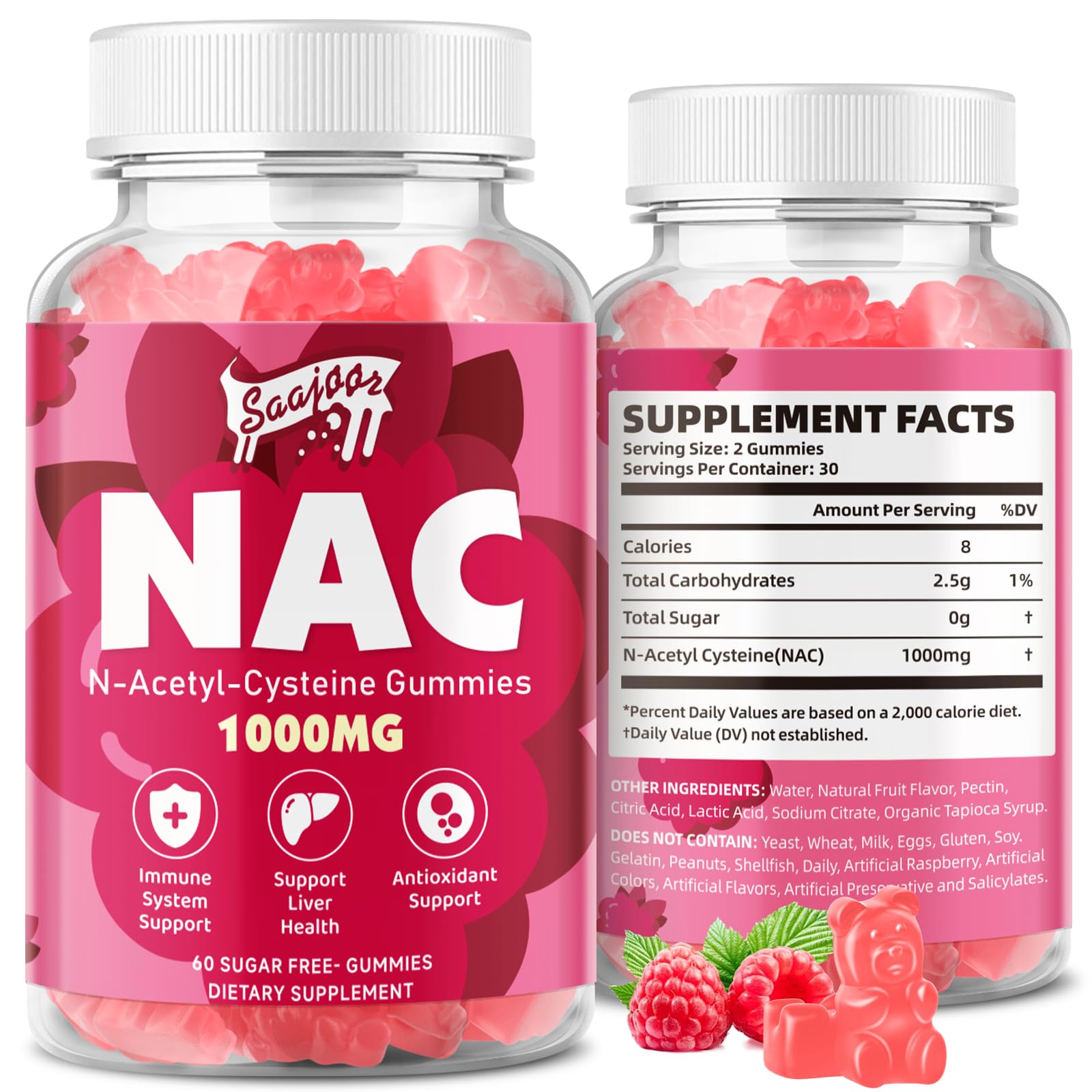 NAC Gummies Sugar-Free, N-Acetyl Cysteine NAC Supplement 1000mg for Antioxidants, Immune Support, Non-GMO, Gluten-Free, Vegan – Raspberry Flavor, 60 Gummies