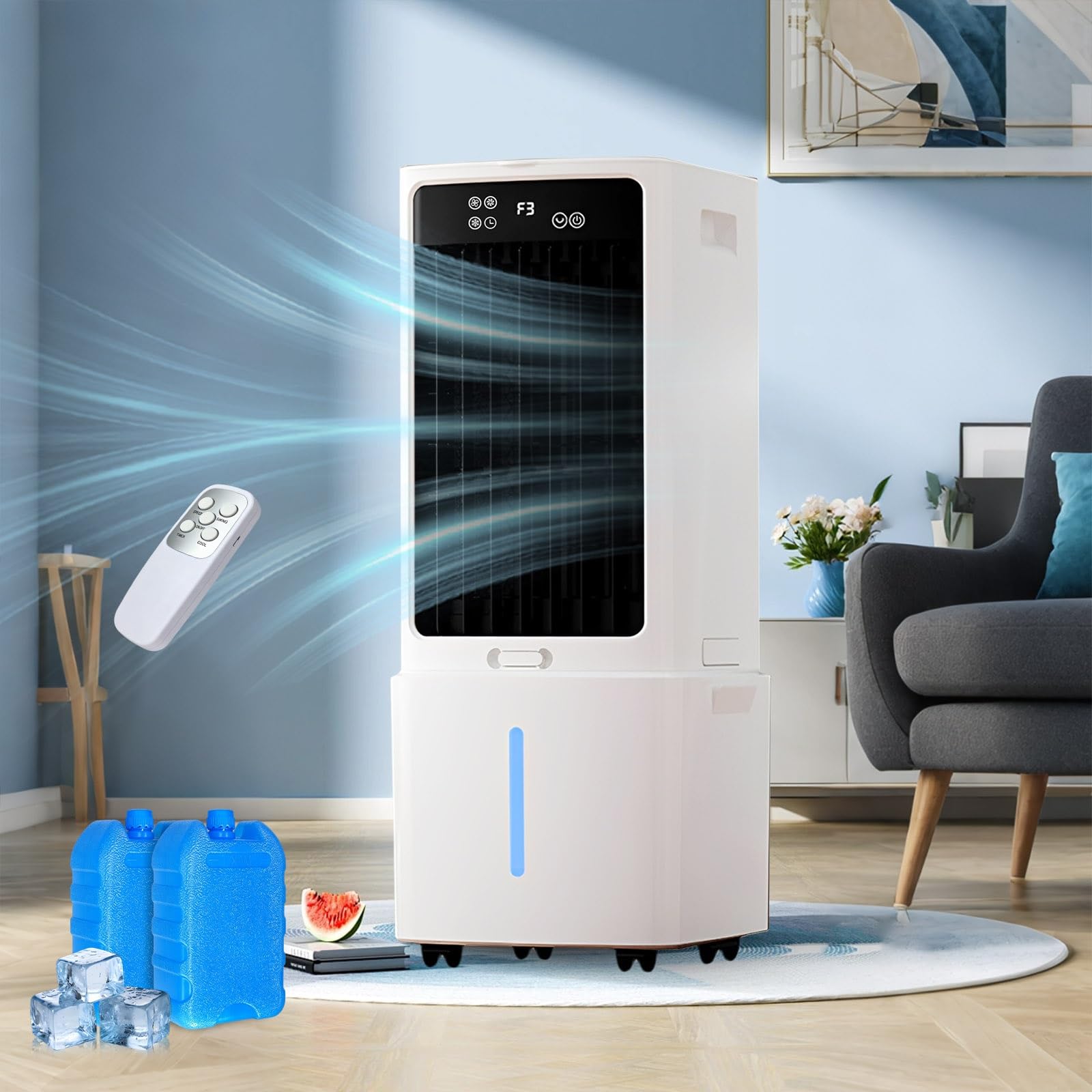 Portable Air Cooler 12L, 3-in-1 Evaporative Cooler with Ice Packs & Remote, 3 Fan Speeds, 12H Timer, Oscillation, Quiet for Home Office Bedroom