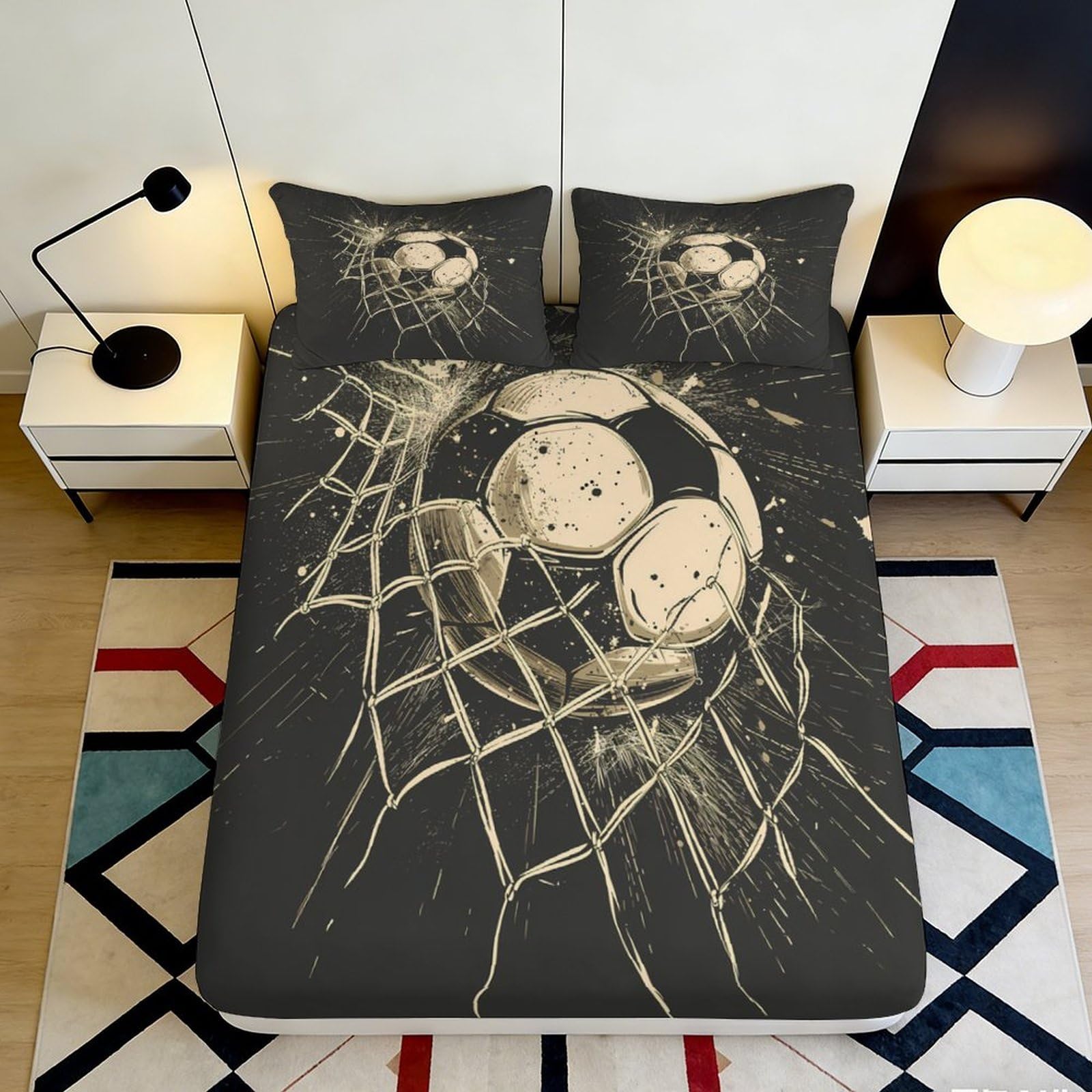 3D Printed Soccer Goal Fitted Sheet Microfiber Black White Football Net Bed Cover for Bedroom Guest Room Decor 120x200x25cm