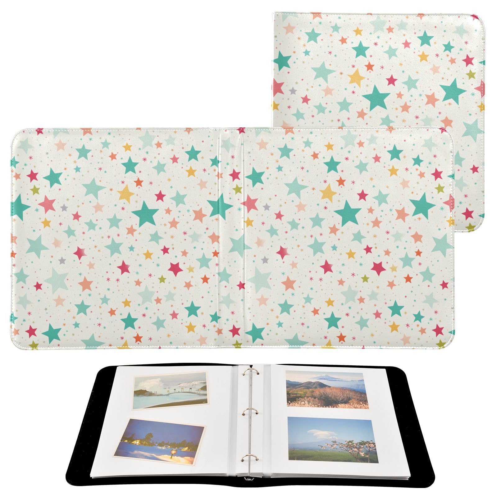 JIPONI Colorful Stars Large Photo Album, DIY Leather Cover Scrapbook Albums for 4x6 5x7 6x8 Pictures, Self Adhesive Memory Book for Wedding, Baby, Family