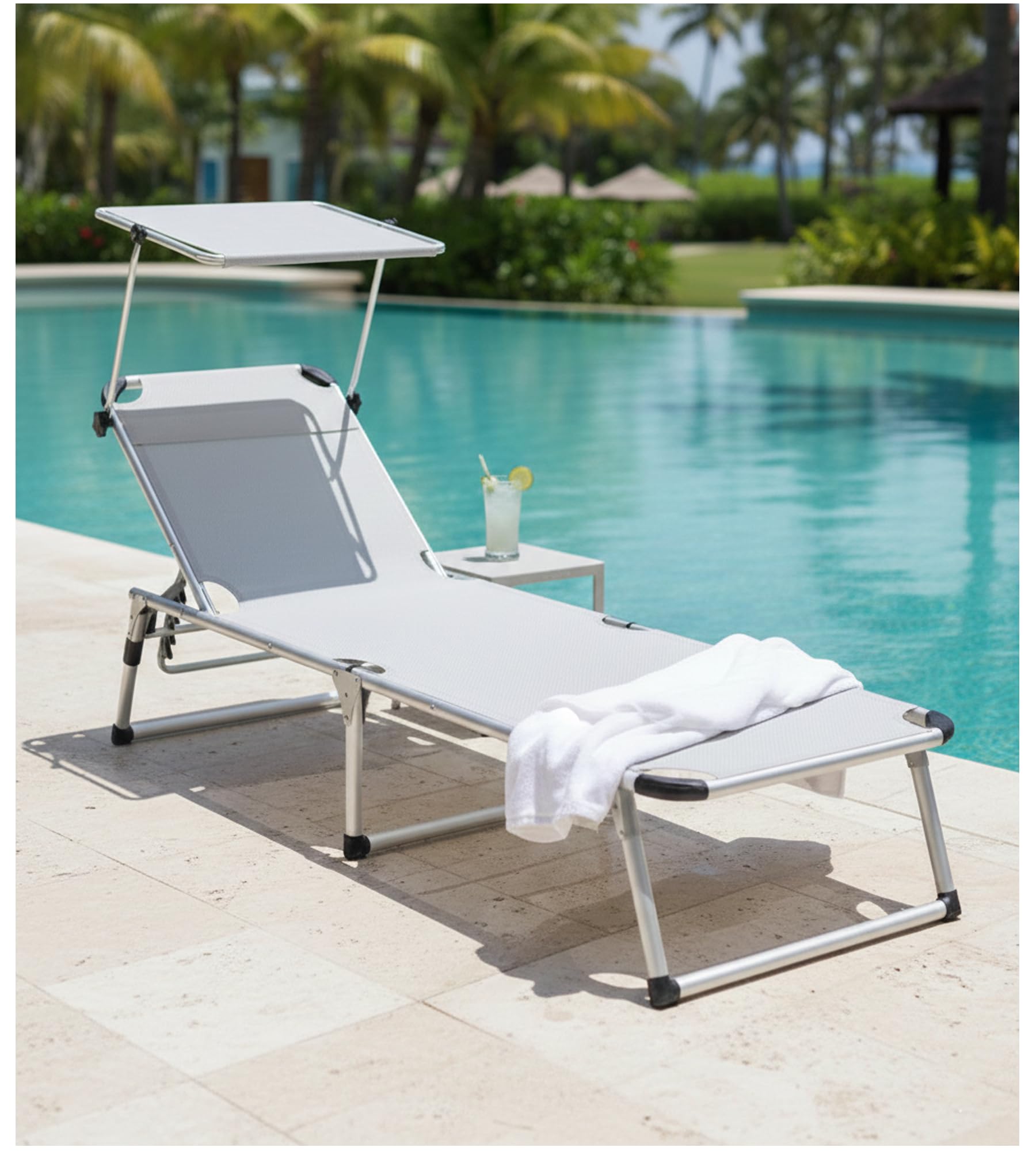 Sdraio pieghevole in ALLUMINIO relax da giardino, mare e piscina,con tettuccio parasole, facilmente trasportabile grazie a 2 maniglie, colore ECRU', 194Dx58Wx31H cm (Grigio)