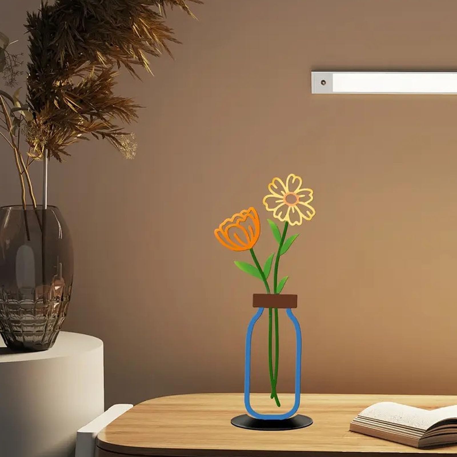 Wanddekoration aus Metall, rustikale Blumendraht, minimalistische Tulpenskulptur für Badezimmer, Küche, Terrasse, Zuhause, 3-teiliges buntes Set