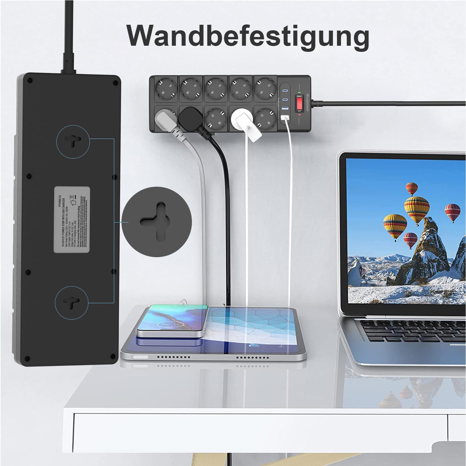 IECOPOWER mehrfachsteckdose 5m,10-Fach Steckdosenleistemit USB(PD 20W 2 USB-C Ports und 2 USB-A Ports),Steckdosenleiste überspannungsschutz,passend für iPhone/iPad,und weitereUSB Geräte,Schwarz.