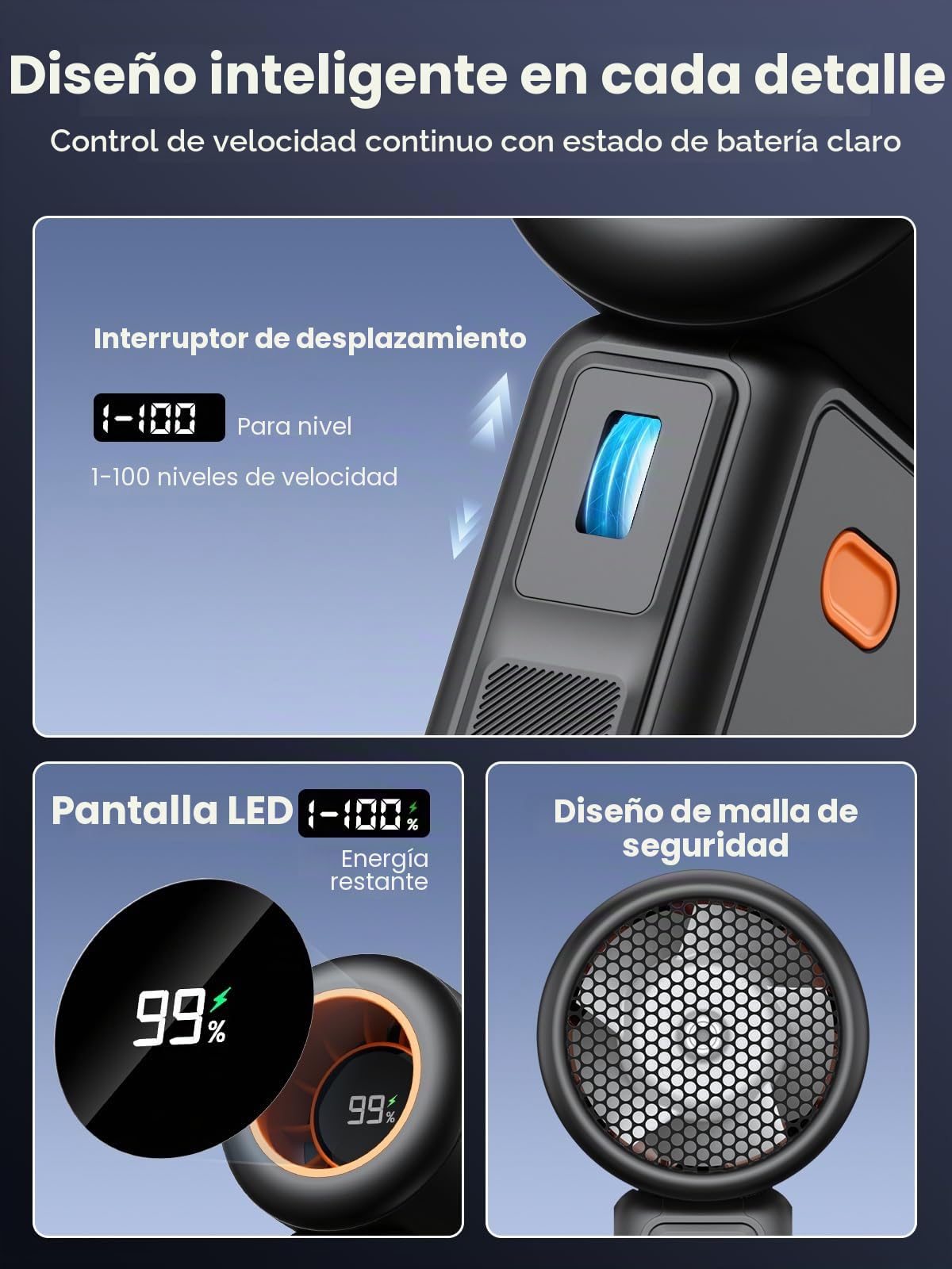 Warmco Ventilador portátil de mano de 5000 mAh, velocidad (1-100) ajustable y potente mini ventilador turbo