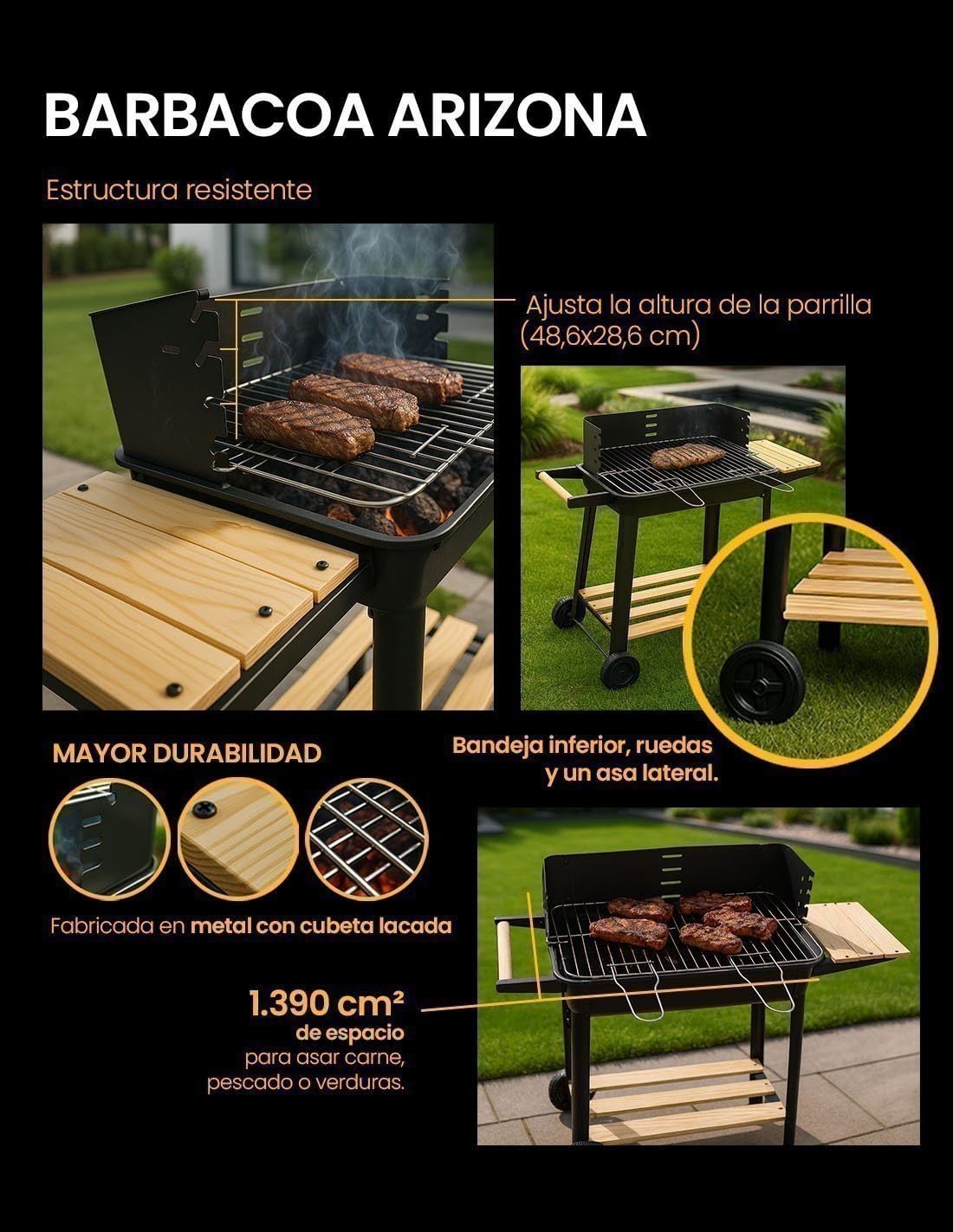 JARDIN202 - Barbacoa Rectangular de Carbón con Parrilla Cromada Arizona | Ruedas para Transporte | Bandeja de Madera | Grill Exterior | (Negro)