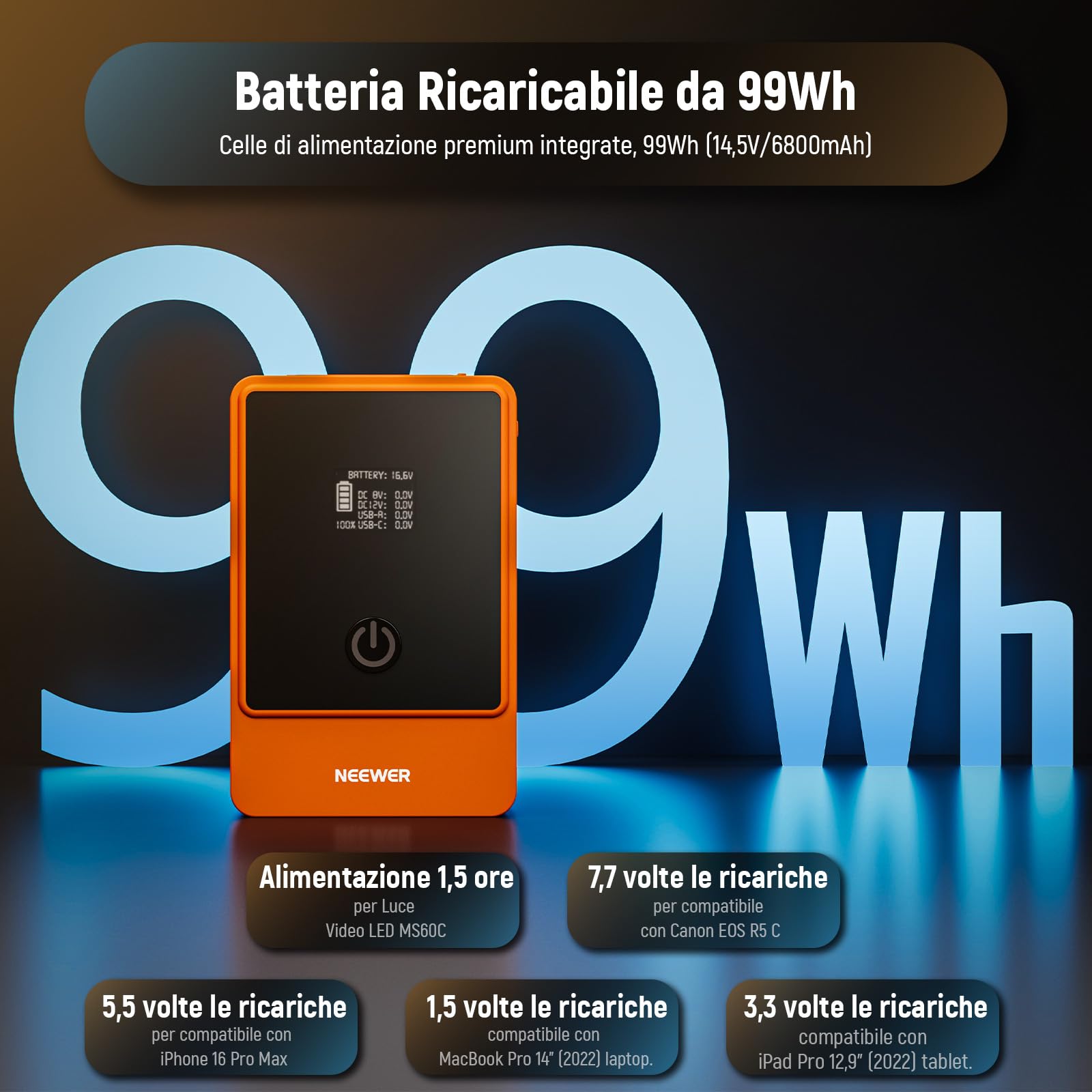NEEWER Mini Batteria V Mount 6800mAh 99Wh 14,5V, V Lock Battery con Uscita PD 65W Tipo C/D Tap/BP/USB A/Due Porte DC/Schermo OLED per Videocamera Compatibile con SmallRig BMPCC 4k 6k, PS099E Arancione