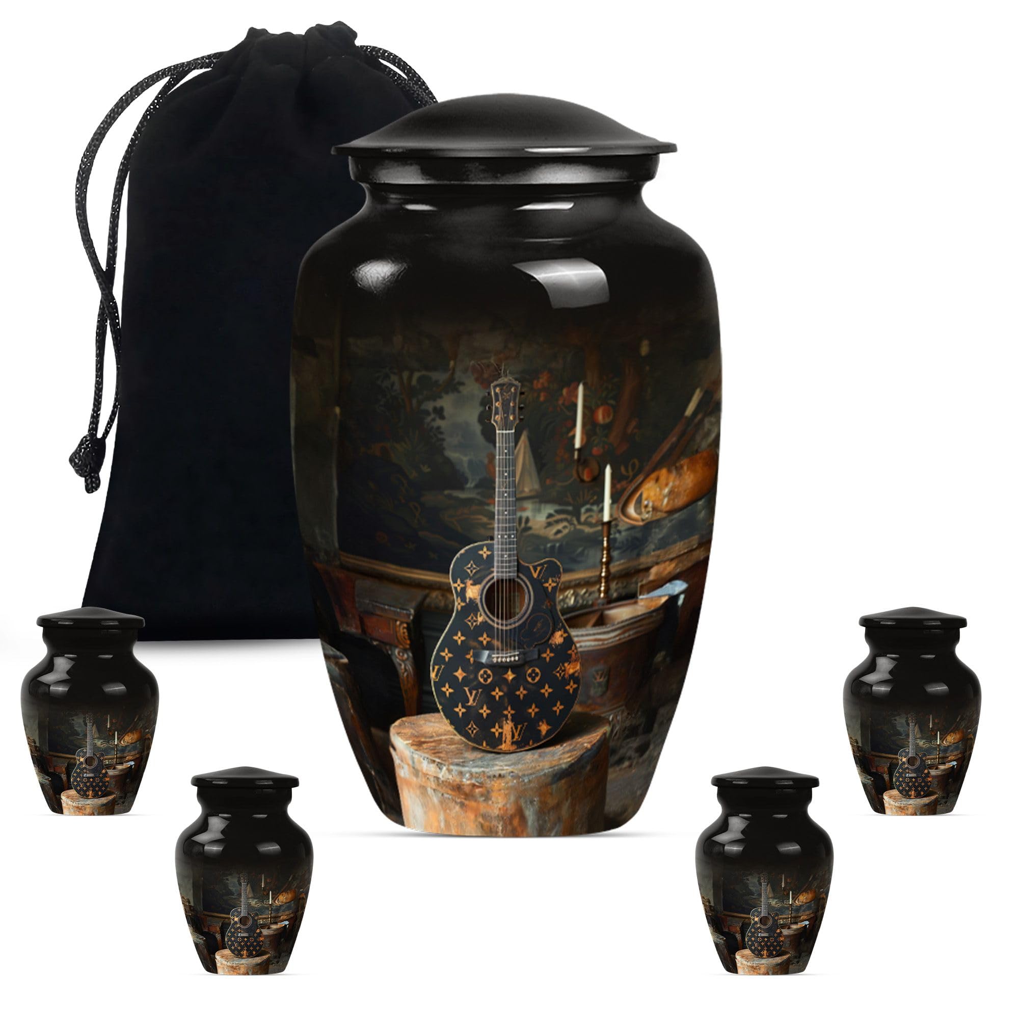 YATHABHISA Guitar Urn - Combo Of 1 Large Urn With Velvet Bag And 4 Small - Urns For Ashes Adult Male Large - Keepsake Urn For Human Ashes For Male & Female - Cremation Mini Urns For Ashes