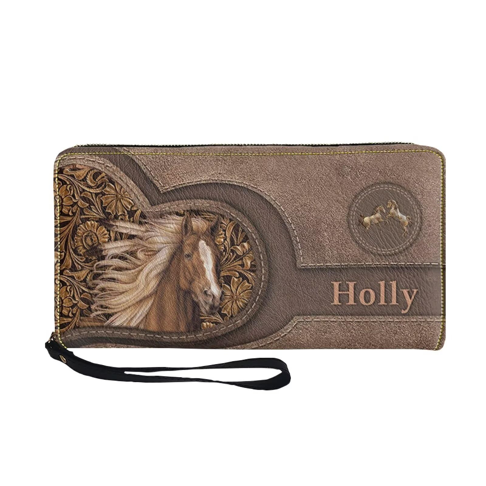 Bulopur Personalized Name Wallet Wristlet for Women RFID Blocking Western Horse Small Leather Card Case Wallet with Zipper Clutch Purses for Ladies Waterproof Phone Holder Gifts for Mom