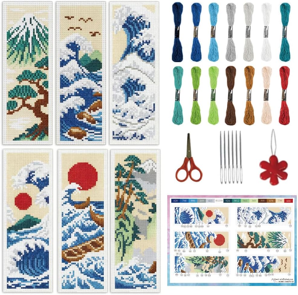 INFUNLY 6Pcs Ukiyo-E Cross Stitch Bookmark Kit 3x8.5 Inch Cotton Linen Pre-Printed Japanese Wave Embroidery Starter Set with Backing Felt for Book Lovers Gift