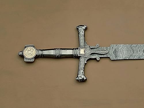 Miniatura 6 de Espada de rey Salomón hecha a mano con funda de cuero | Espada forjada a mano de acero de Damasco