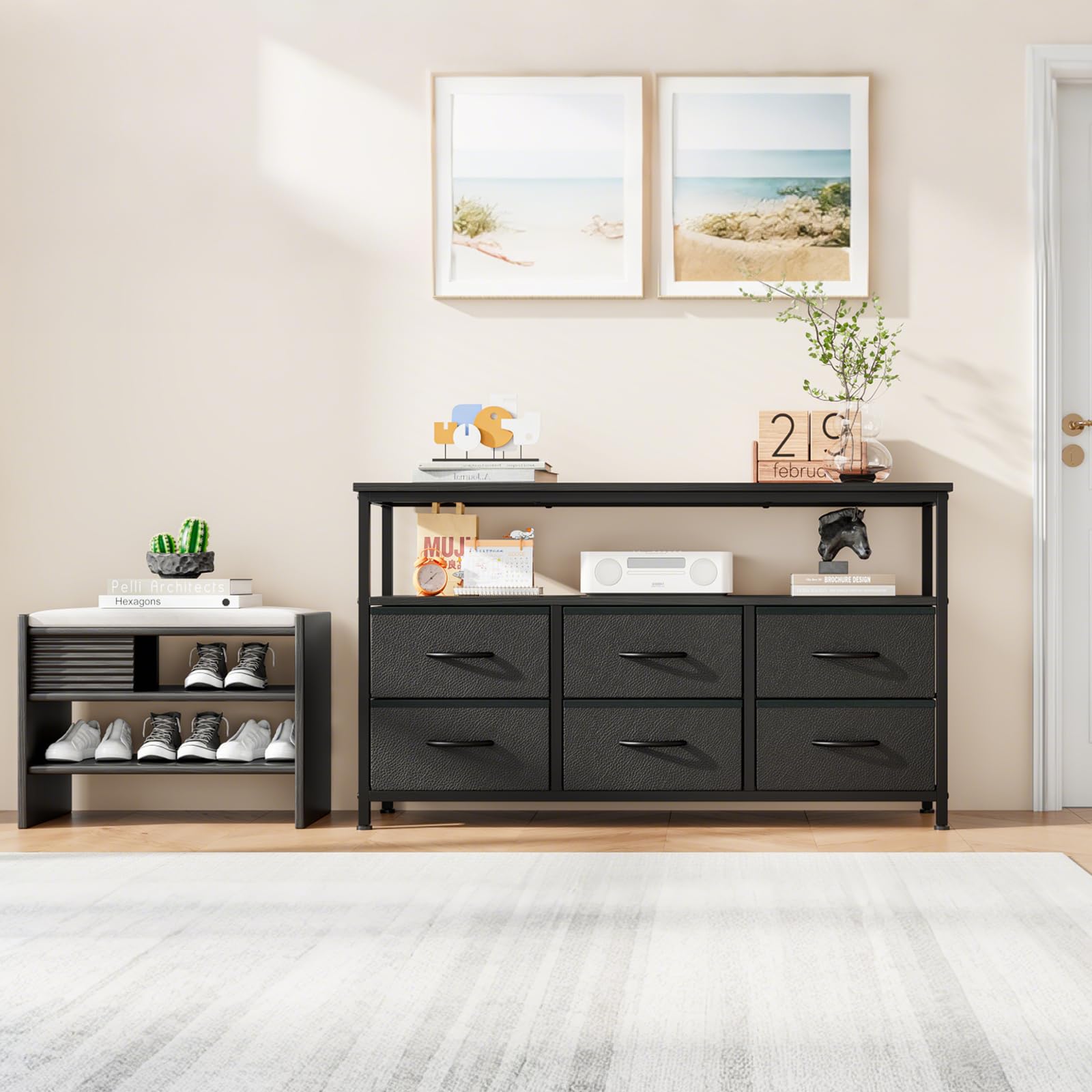 Mueble TV con 6 Cajones y Estantes Abiertos | Para TV de hasta 55", Negro, 120 × 30 × 68 cm, Ideal para Salón o Dormitorio