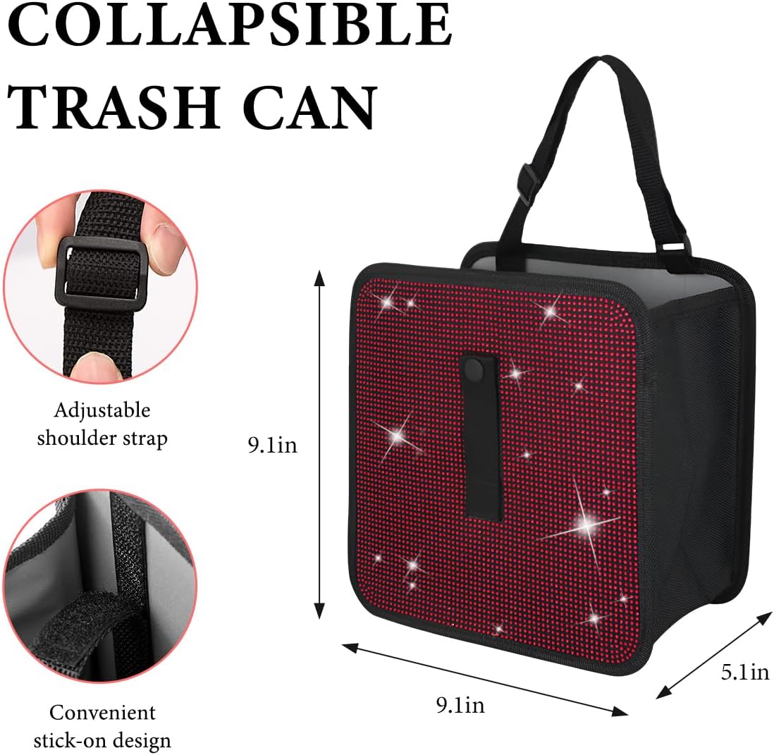 Car Foldable Trash Can, Bling Rhinestone Oxford Garbage Container Hanging Waterproof Organizer, Mini Crystal Dustbin Waste Basket Leakproof Trash Bin for Car Office Kitchen (Red)
