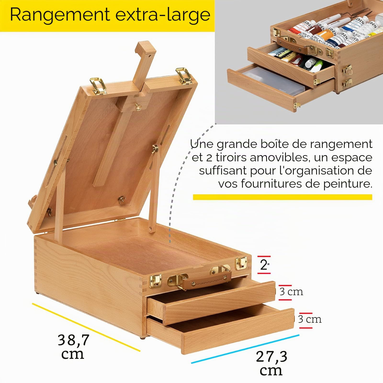 MEEDEN Boîte à croquis en bois de hêtre réglable avec 2 tiroirs et 1 palette de peinture pour artistes PleinAir, étudiants et débutants
