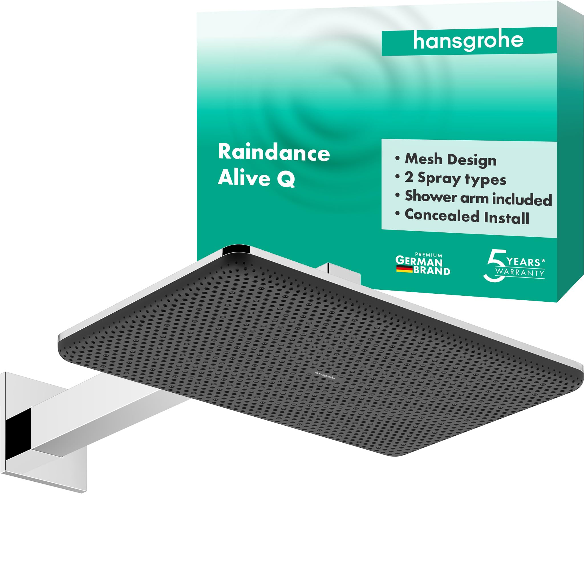 hansgrohe Raindance Alive Q - rociador de ducha con brazo de ducha, ducha fija (210 x 340 mm), cabezal de ducha lluvia con 2 tipos de chorro incl. PowderRain para conexión pared, cromo, 24550000