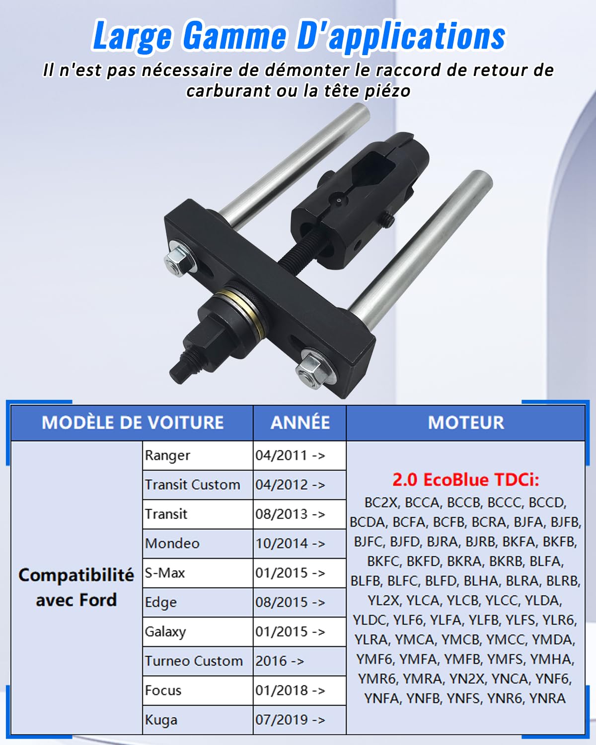 Jeu Extracteur D'injecteurs Diesel 303-1706 Compatible avec Ford EcoBlue 2.0 TDCi & pour Tourneo, Transit, Focus, Edge, Galaxy, S-Max, Mondeo, Ranger, Kuga, D'outil D'extracteur de Injecteurs