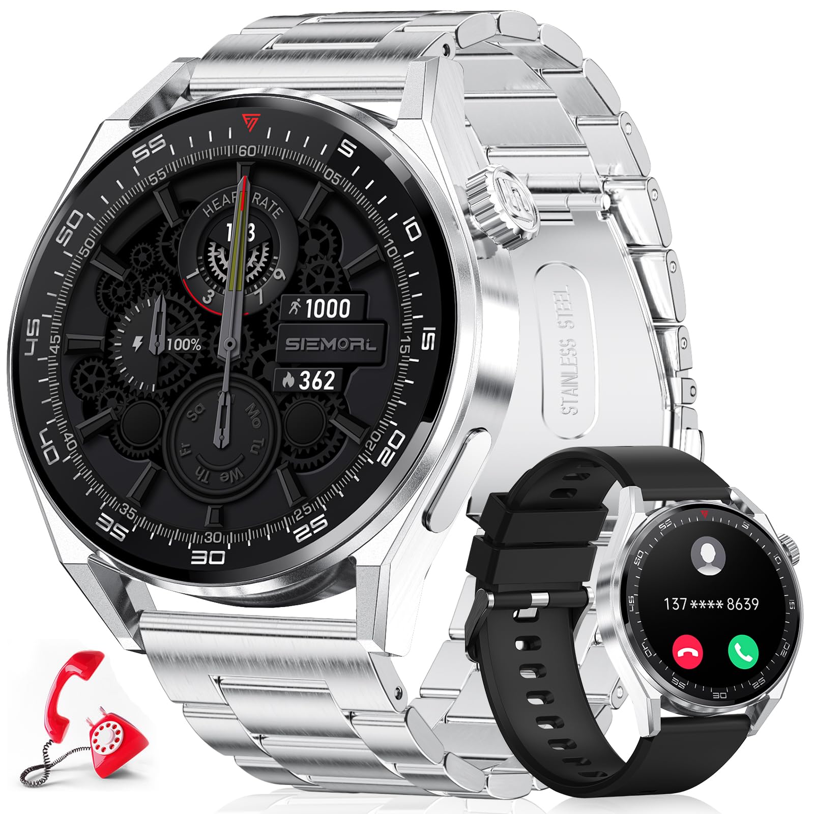 LIGE Reloj Inteligente Hombre, Smartwatch Hombre 1.39''con Llamadas y Asistente Voz, 2 Correas, 360Amh, 100+ Deportes Modo, Acero Inoxidable Reloj Deportivo para Android iOS