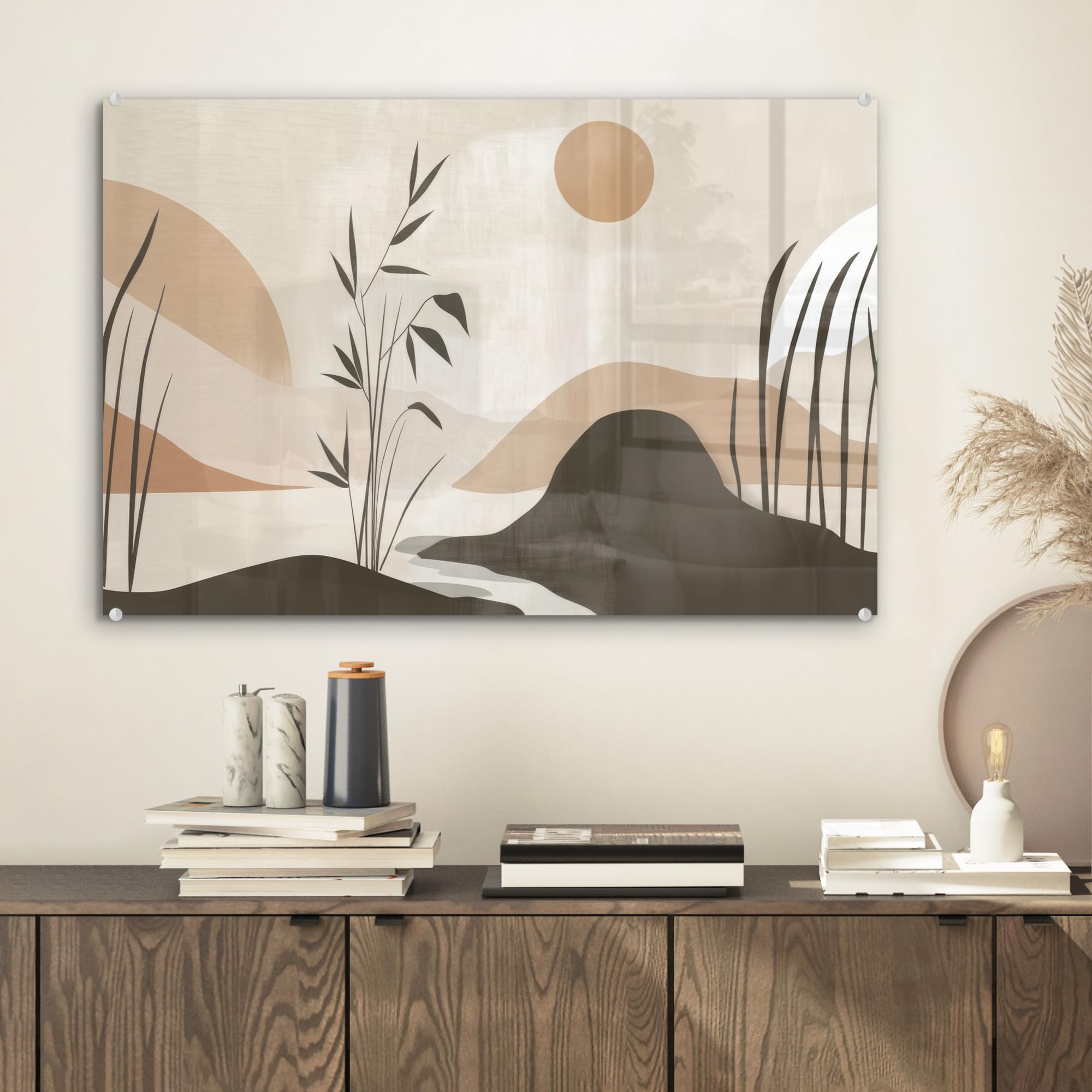 MuchoWow© Cuadro Impreso en Vidrio 60x40 cm Salón Moderno Dormitorio Imagen Elegante Decorativo Living Interior Regalo Japandi - Paisaje - Beige