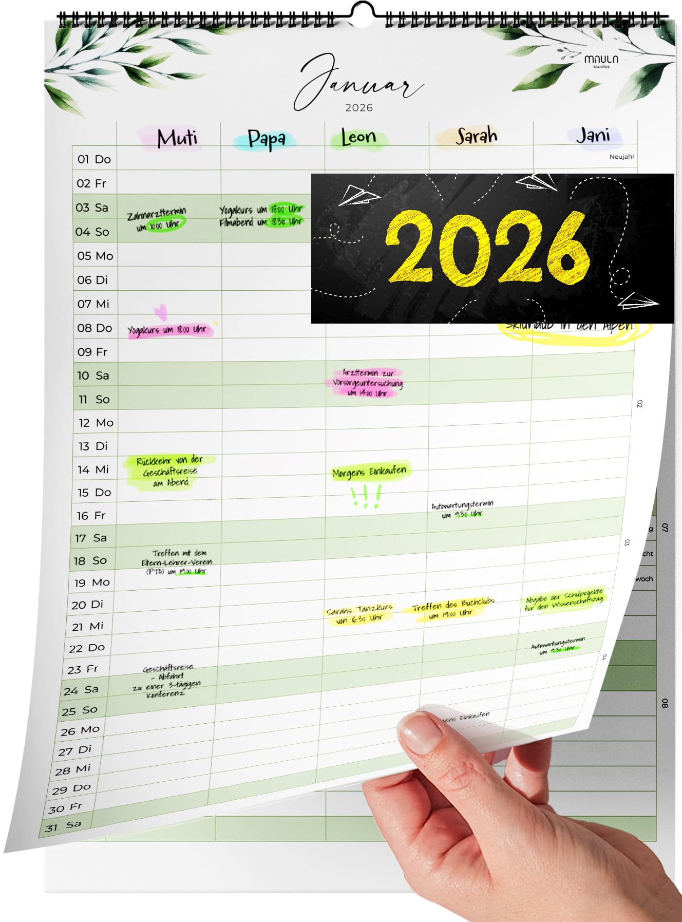 Familienplaner 2026 - Familienkalender & Wandkalender 2026 für Zuhause Büro und Familie - Jahreskalender 2026 - bis einschließlich Dezember 2026 - Praktischer Kalender für Wand Grünpflanzen