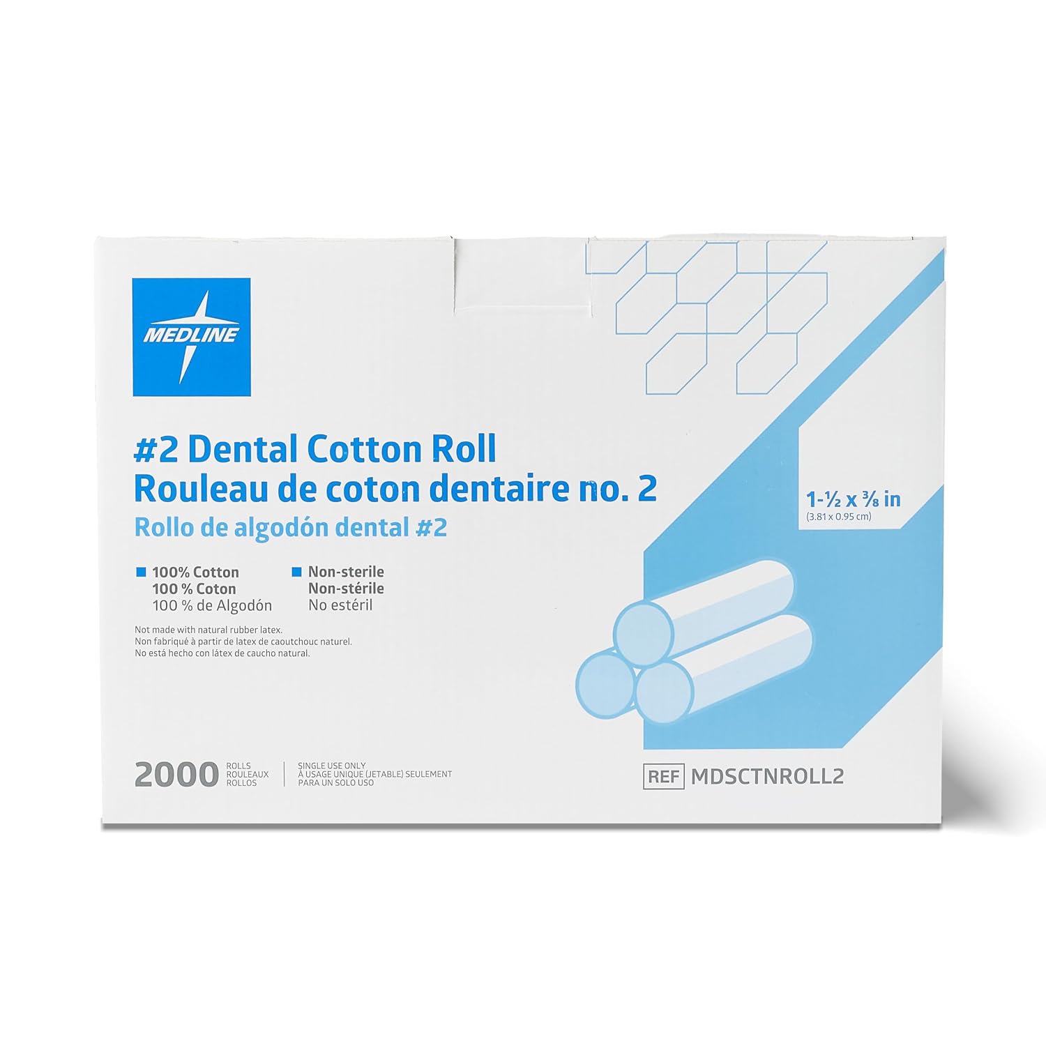 Medline #2 Dental Cotton Rolls, Nonsterile, 1-1/2 Inch x 3/8 Inch, Soft Flexible Absorbent Rolls for Dental Procedures, Oral Care, and Medical Use, 2000 Count