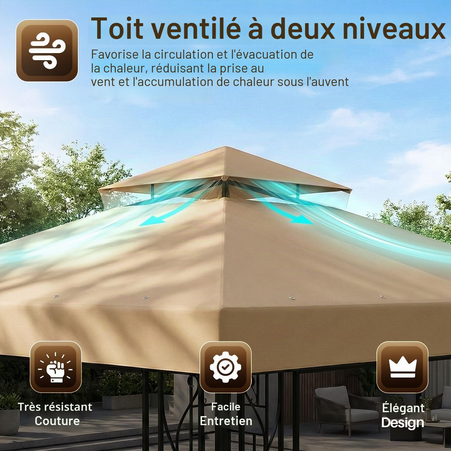 Flexzion Auvent de tonnelle de Rechange imperméable de 3,6 x 3,6 m - Double Niveau UV30 pour auvent, Jardin, terrasse, Tente de Cour (Beige)
