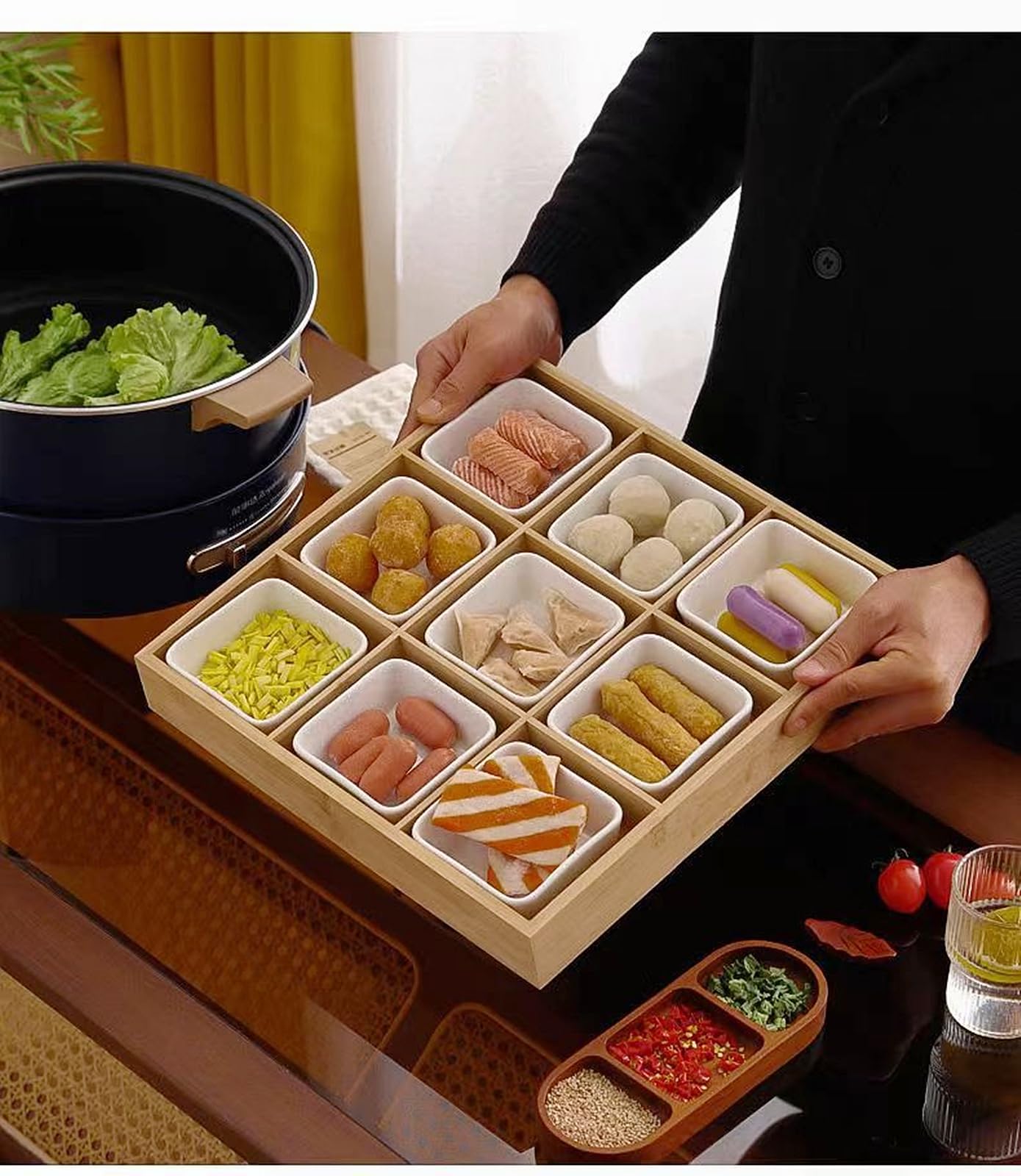 Amazon｜九宮格 食器木箱仕切り皿 9分割 竹 トレイ 竹鍋皿 九宮格 皿