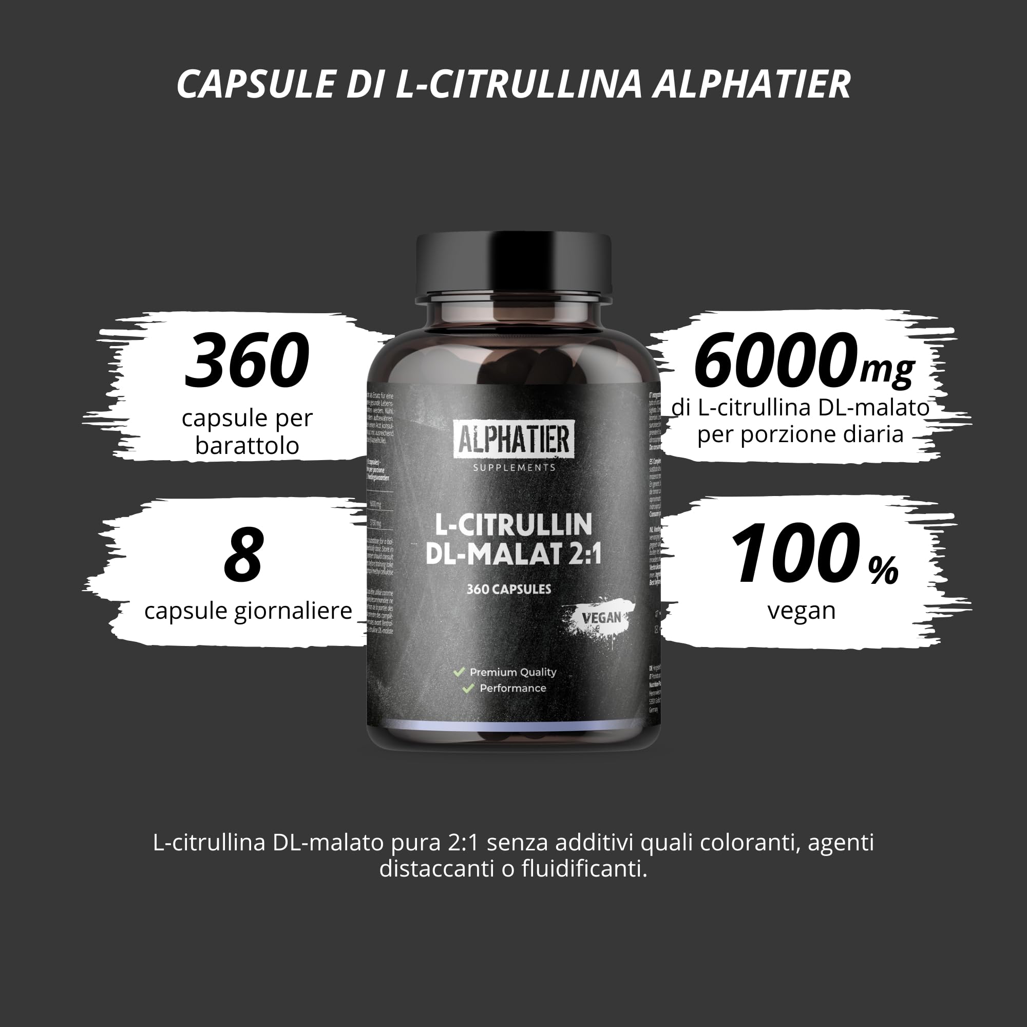Alphatier L-Citrullina Malato Caps - 360 Capsule alto Dosaggio + Vegane - L-Citruline Malate DL 2:1 - Fitness Bodybuilding - senza Stearato di Magnesio o Additivi