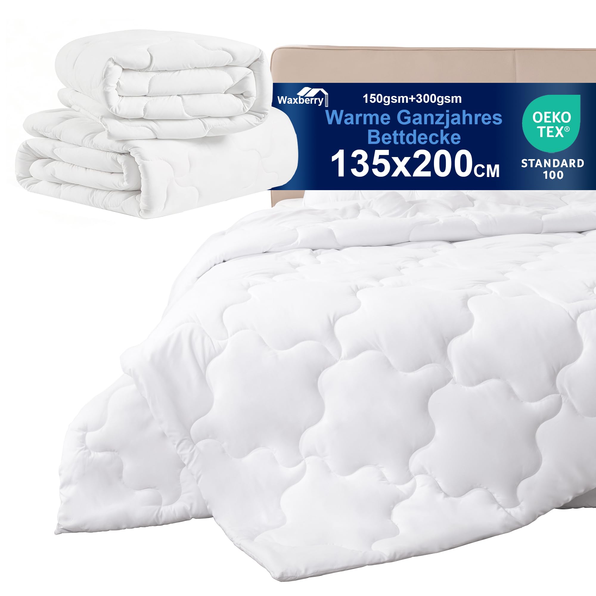 Waxberry 4 Jahreszeiten Bettdecke 135x200, 2 Teilig Set - Winterdecke 450gsm - Ganzjahresdecke 300gsm + Sommerdecke 150gsm, Weiche Steppdecke Waschbar Anti-Allergisch, Weiß - 1