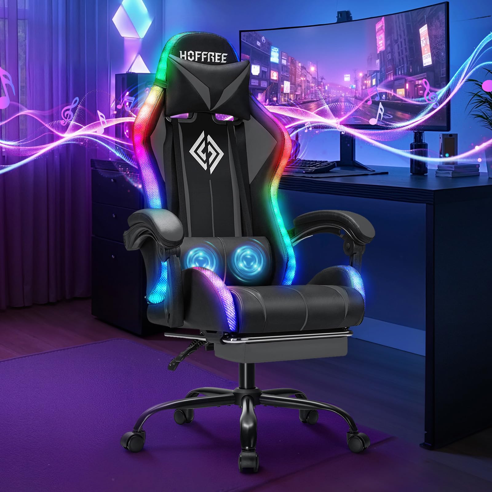 Hoffree HOFFREE RGB Gaming Chair with Speakers Massage Computer Gaming Chair with LED Lights and Footrest High Back Video Game Chair for Adults Grey and Black
