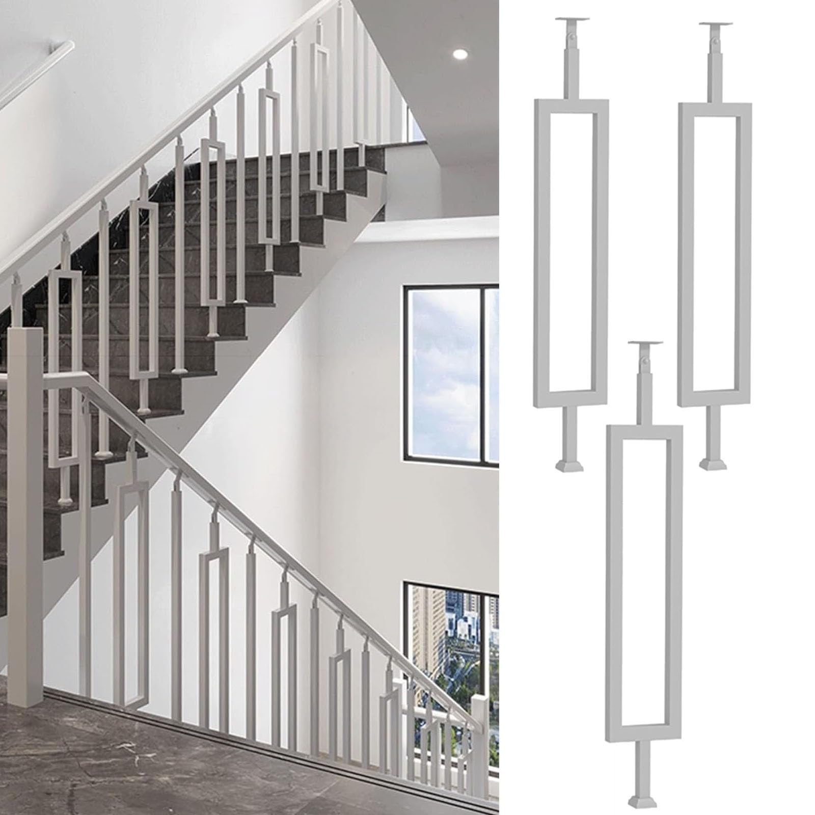 Adjustable Iron Stair Railing - Rectangular il with Non-Slip Support, Safe Stair Banister, Forged Iron Guardrail for Stairs