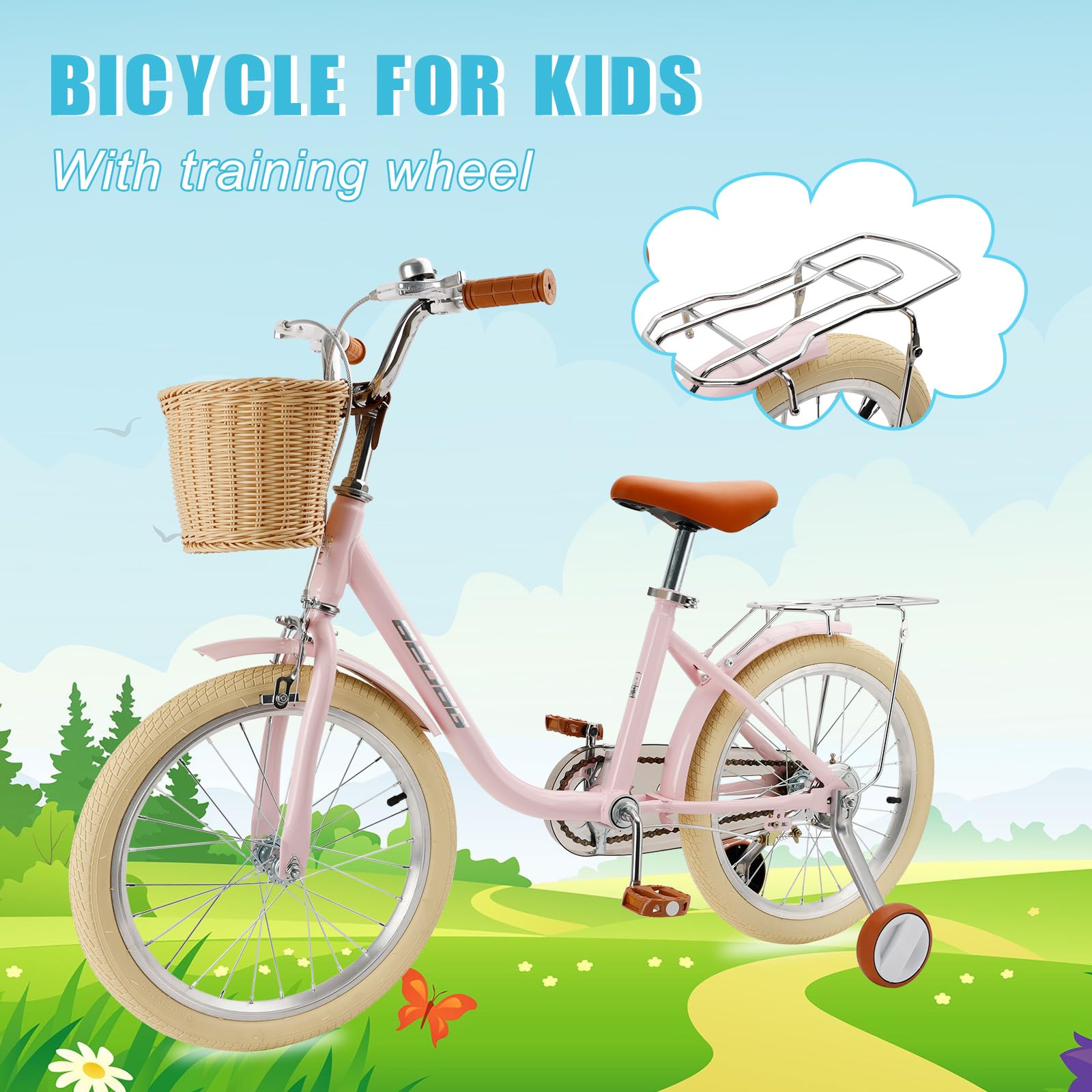 Bruce & Shark Bici per Bambini 18 Pollici con Ruote Ausiliarie, Cornice in Acciaio al Carbonio, Freni Doppi, Sella Regolabile, Cesto Rimuovibile, Pneumatici Stretti, Manopole Antiscivolo