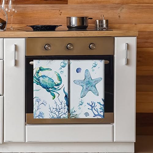 Miniatura 5 de Juego de 6 toallas de cocina de playa, juego de toallas de cocina con diseño de tortuga, toallas de mano con temática de animales oceánicos, toallas