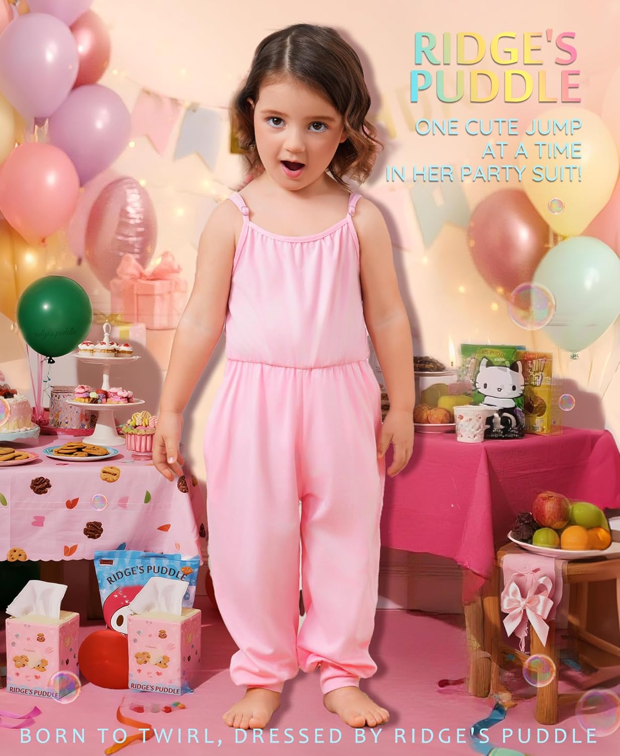 Ridge's Puddle Toddler Girls Romper - Cute Baby Summer Clothes Outfits Spaghetti Strap Sleeveless Jumpsuits with Pockets - Image 2