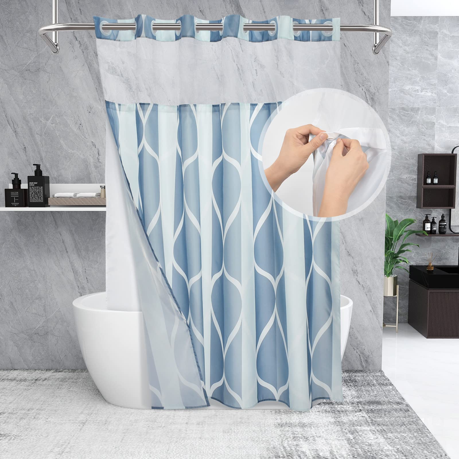 YIATN No Hook Dark Blue Double Shower Curtain with Snap in Fabric Liner Set - Hotel Style with See Through Mesh Top Window, Modern Geometric Waterdrop Design,Water-Repellent & Washable, 71x74 INCH