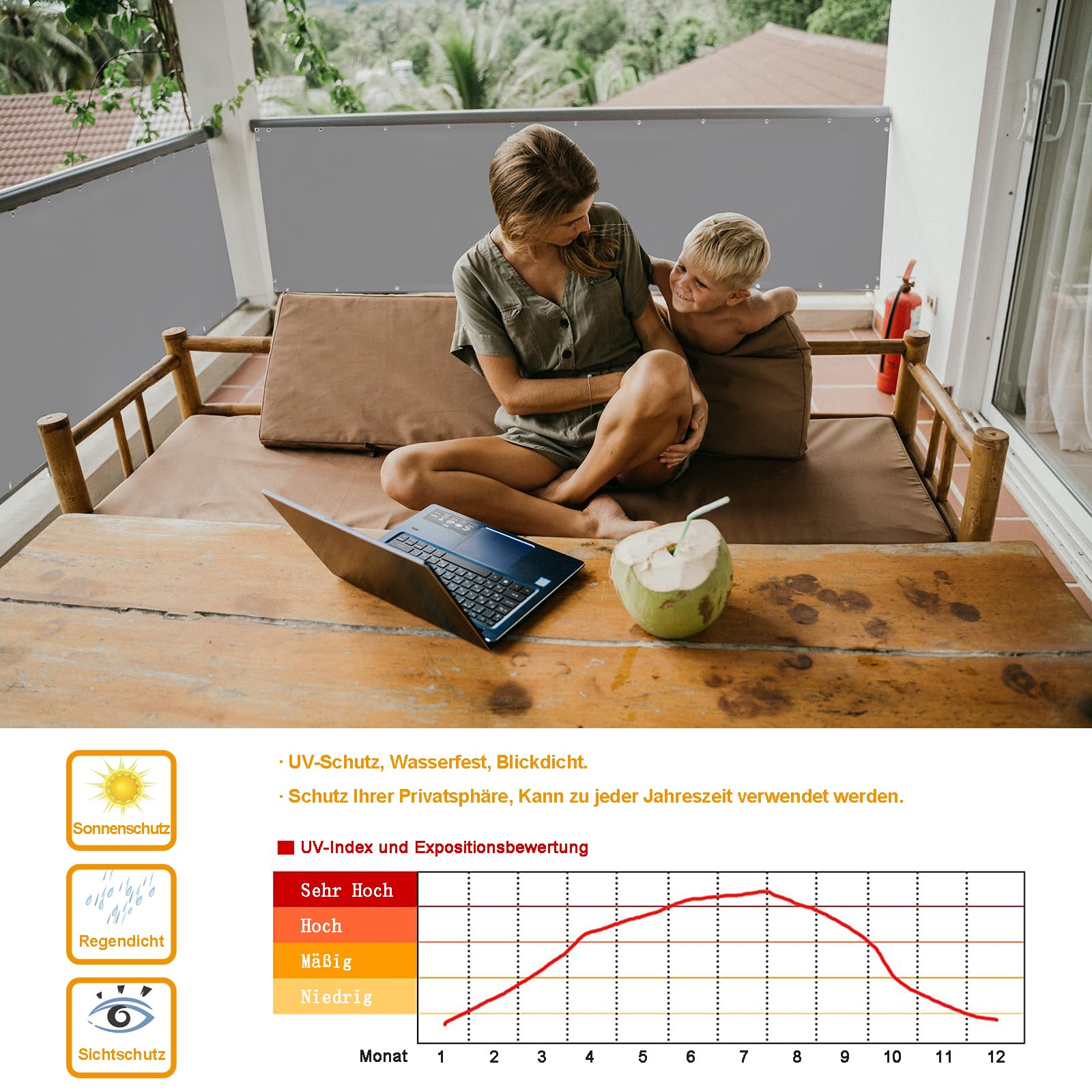 Frangi-Vista Balcone Ringhiera 60x500cm, Schermo per La Privacy del Balcone Protezione UV Telo Frangivento Bello e Resistente per Giardino e Balcone - Grigio