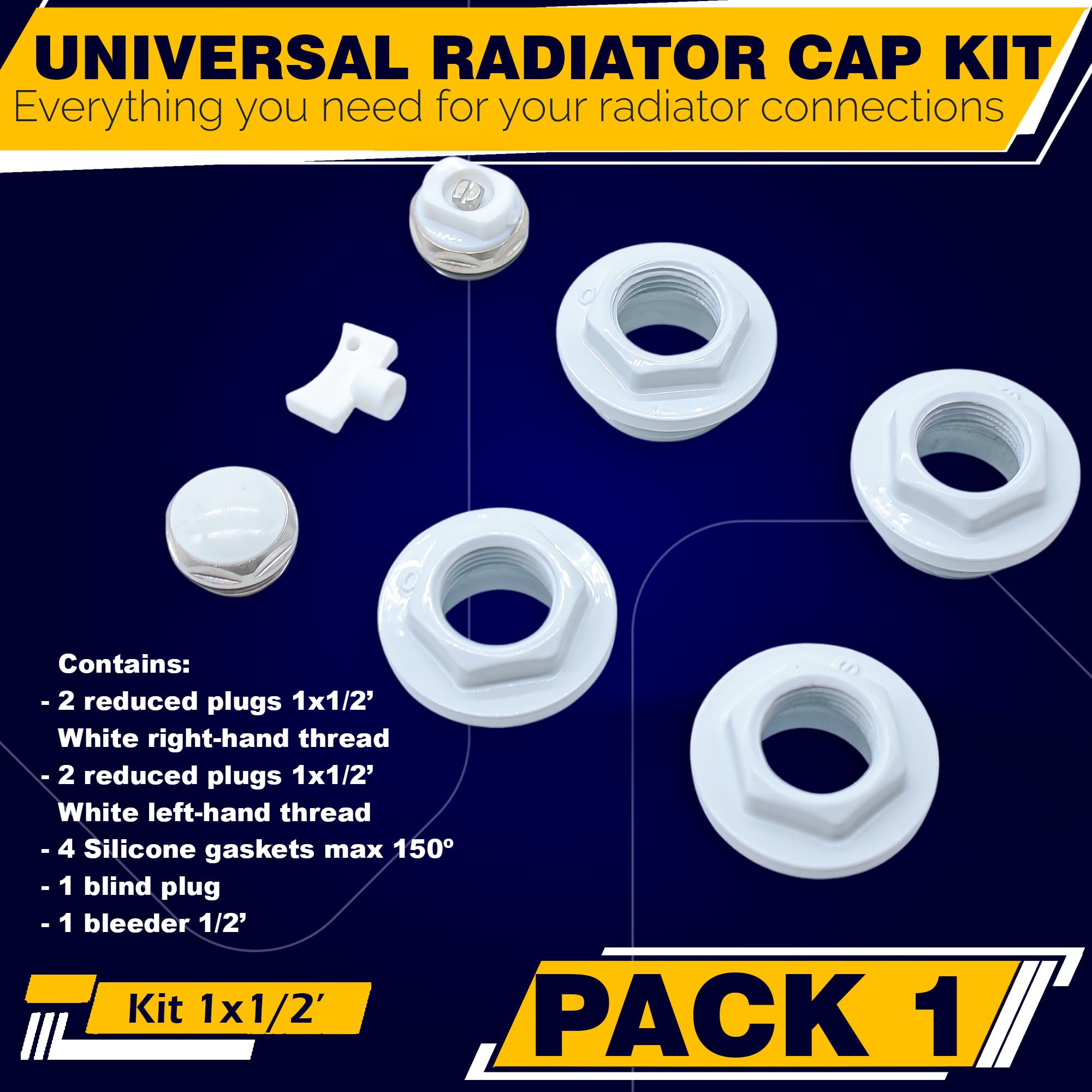 DOJA Barcelona Kit Tappi Radiatore 1/2 Bianco in Alluminio - Riduzione Filettatura, Sigillatura Per Tubi Idraulici, Termosifone e Termosifoni con Valvola Integrata Progettato Per Durata E Sicurezza