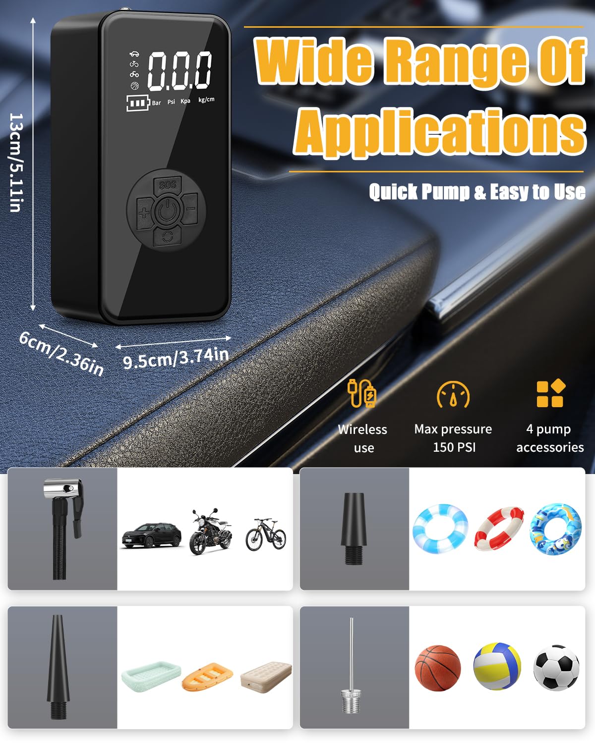 Compresseur à Air Portatif, Gonfleur Pneus Voiture 2 * 1800mAh, 150PSI Pompe à Air Électrique, Type-C USB Charge, 4 Modes, Mini Gonfleur Electrique Rechargeable pour Vélo Moto Scoote Balle, Noir