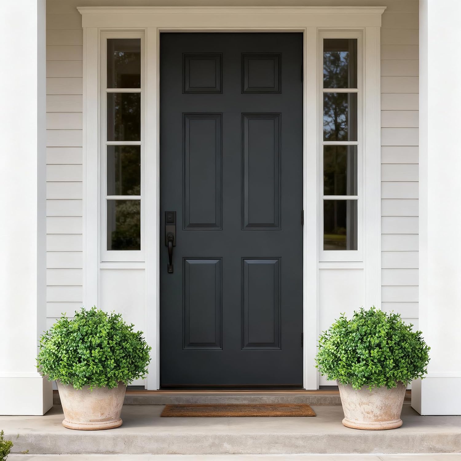 Set of 2 Artificial Boxwood Topiary Ball Trees - UV Resistant Faux Boxwood Potted Plants, Spring Summer Greenery Fake Bushes for Front Door Farmhouse Garden Porch Outdoor Decor