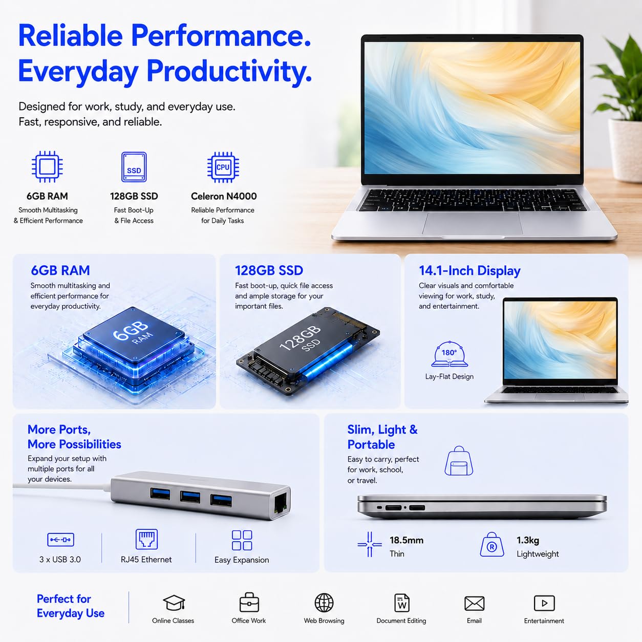 PINSTONE Computer Portatile Celeron N4000 da 14 Pollici, PC Portatili 6 GB di RAM 128 GB SSD, Computer Portatili Supportano 2,4 G/5 G WiFi, Bluetooth 5.0, Laptop a Lunga Durata Della Batteria.