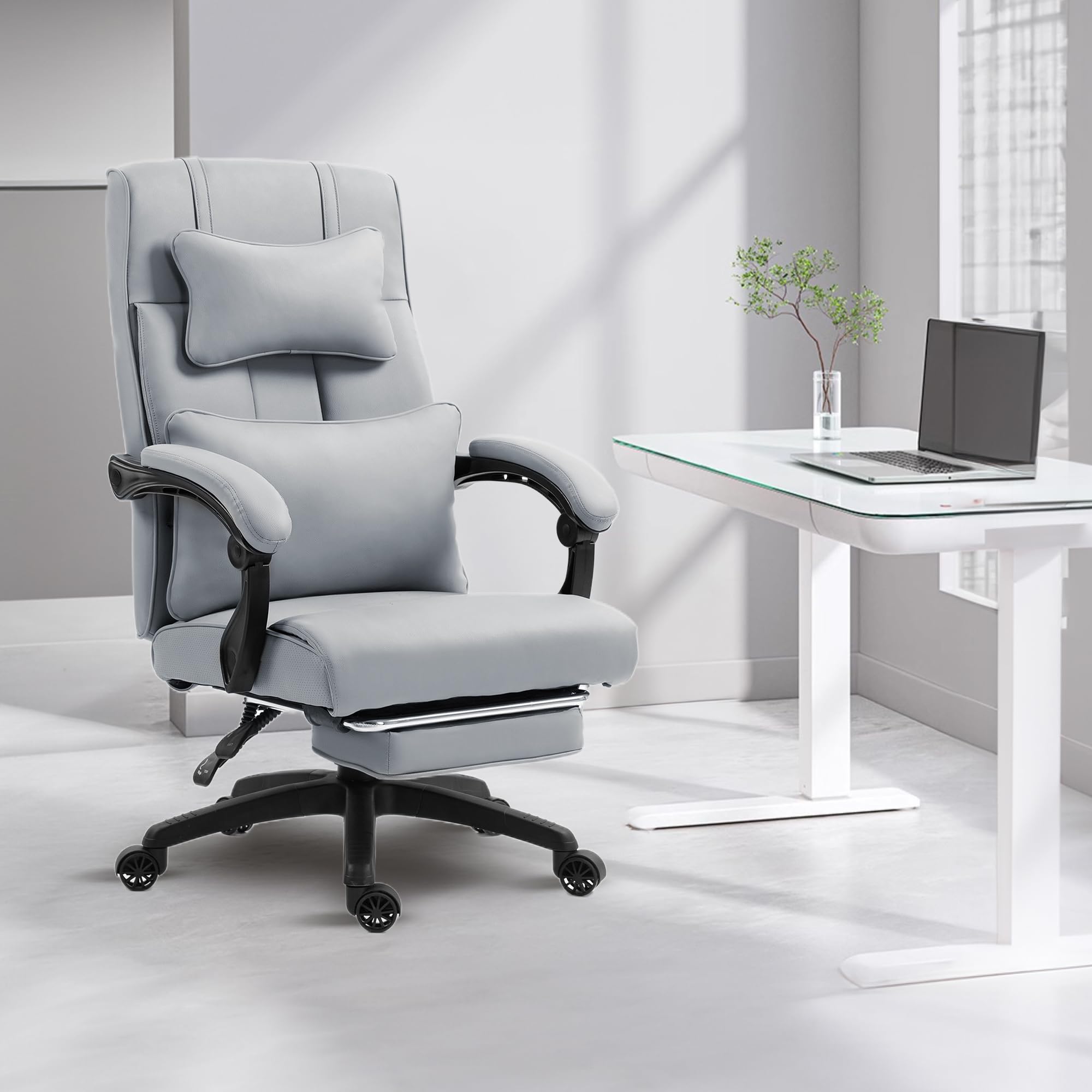 Dowinx Silla de oficina ergonómica con reposapiés, vértebras lumbares ajustables y reposacabezas, silla de oficina ergonómica, silla giratoria para ordenador con respaldo alto, 150 kg (gris)