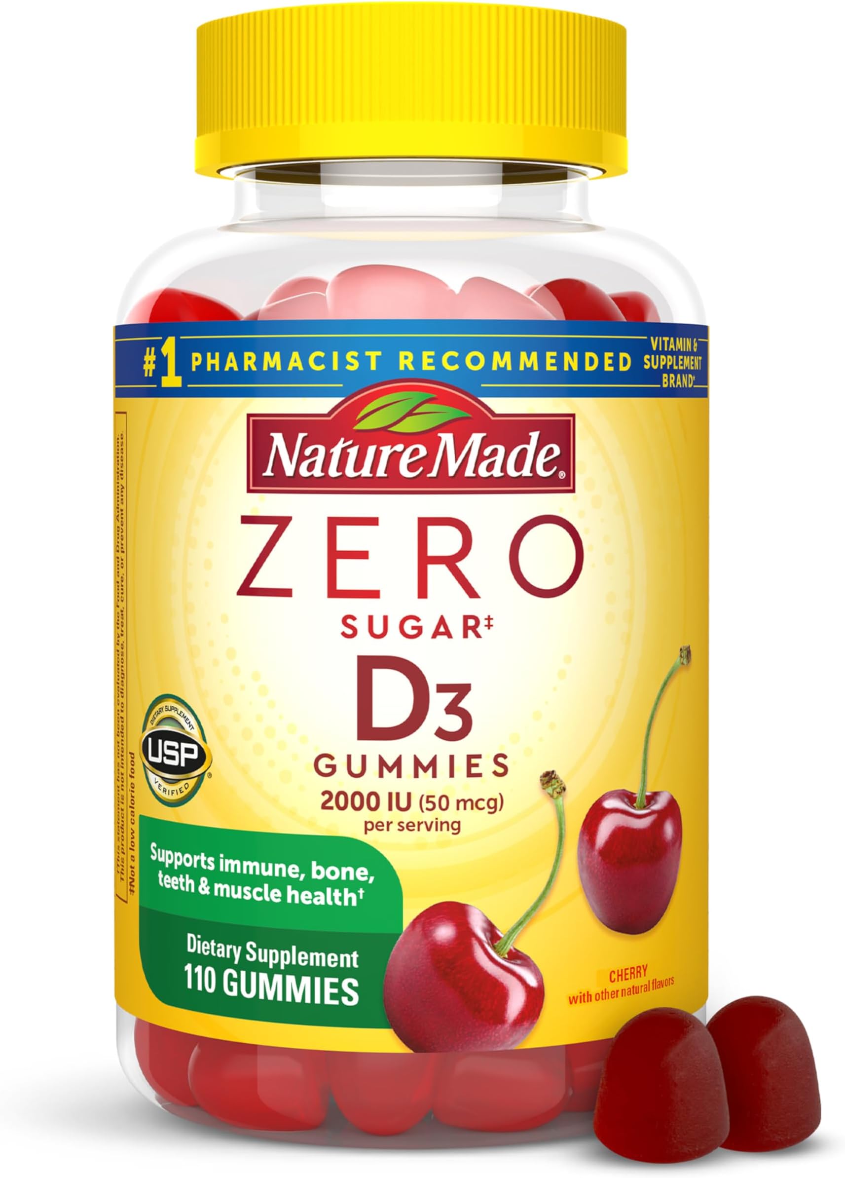 Nature Made Zero Sugar Vitamin D3 Gummies 2000 IU (50 mcg) per Serving, Immune, Bone, Teeth & Muscle Support Supplement, 110 Sugar Free Vitamin D Gummies, 55 Day Supply