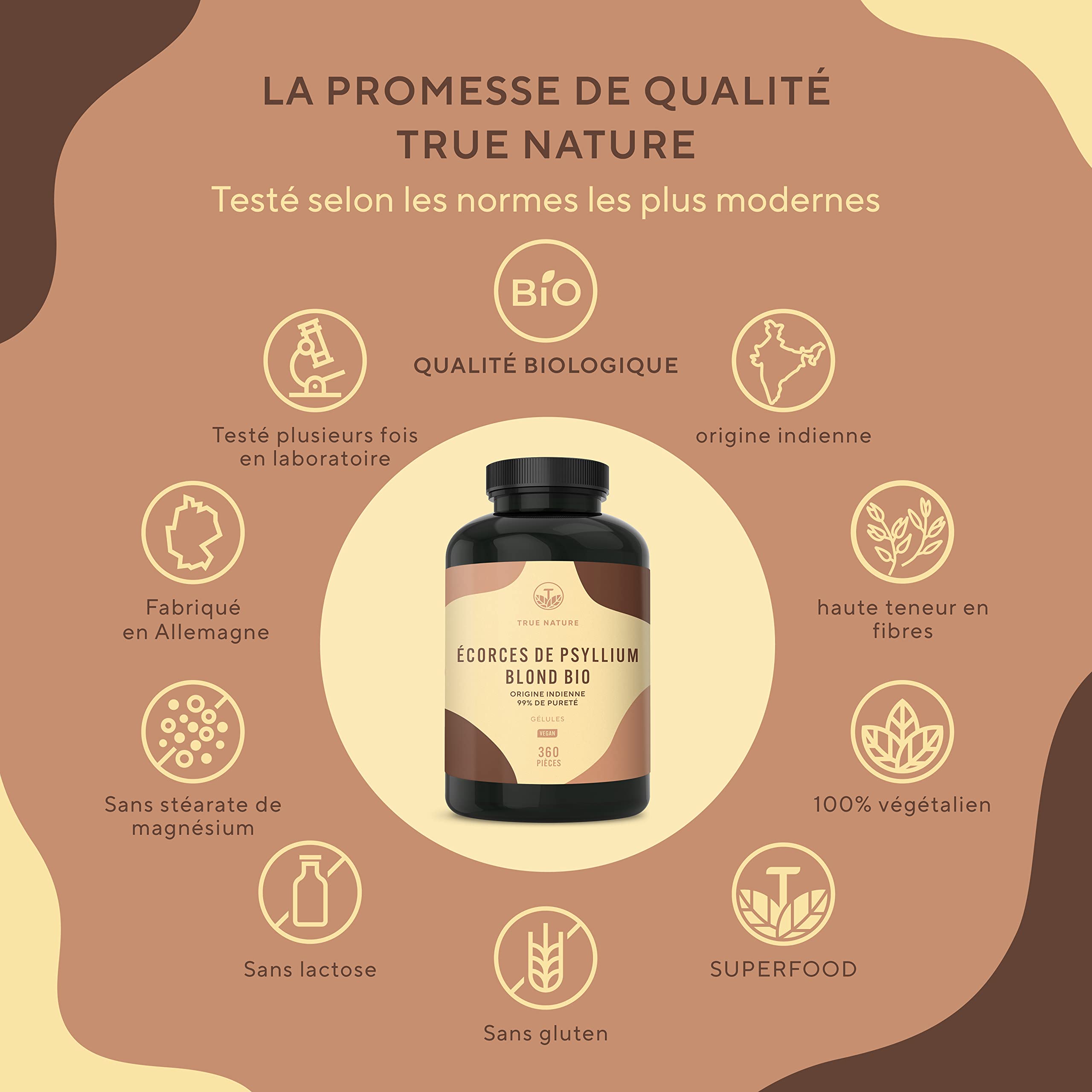 Psyllium Blond BIO | 4.500mg par jour - 360 Gélules pour 2 mois - Téguments purs à 99% - Riche en Fibres - Digestion & Fonction Intestinale - Vegan, Sans Additifs, Gluten & Lactose | TRUE NATURE