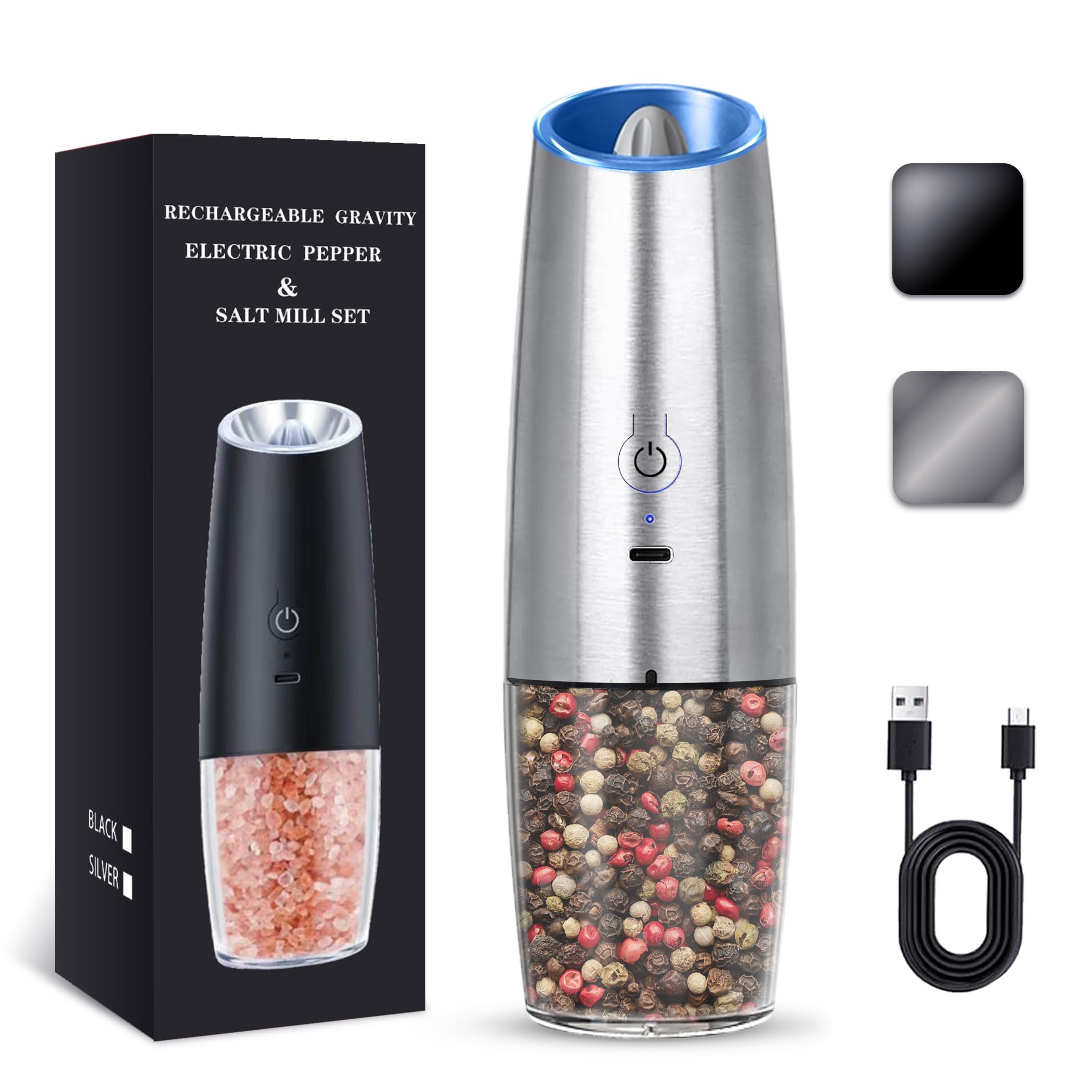 UNNEES Rechargeable Electric Salt and Pepper Grinder, gravity electric salt and pepper grinder, Adjustable Roughness, LED Light, 1 Pack, (Silver)