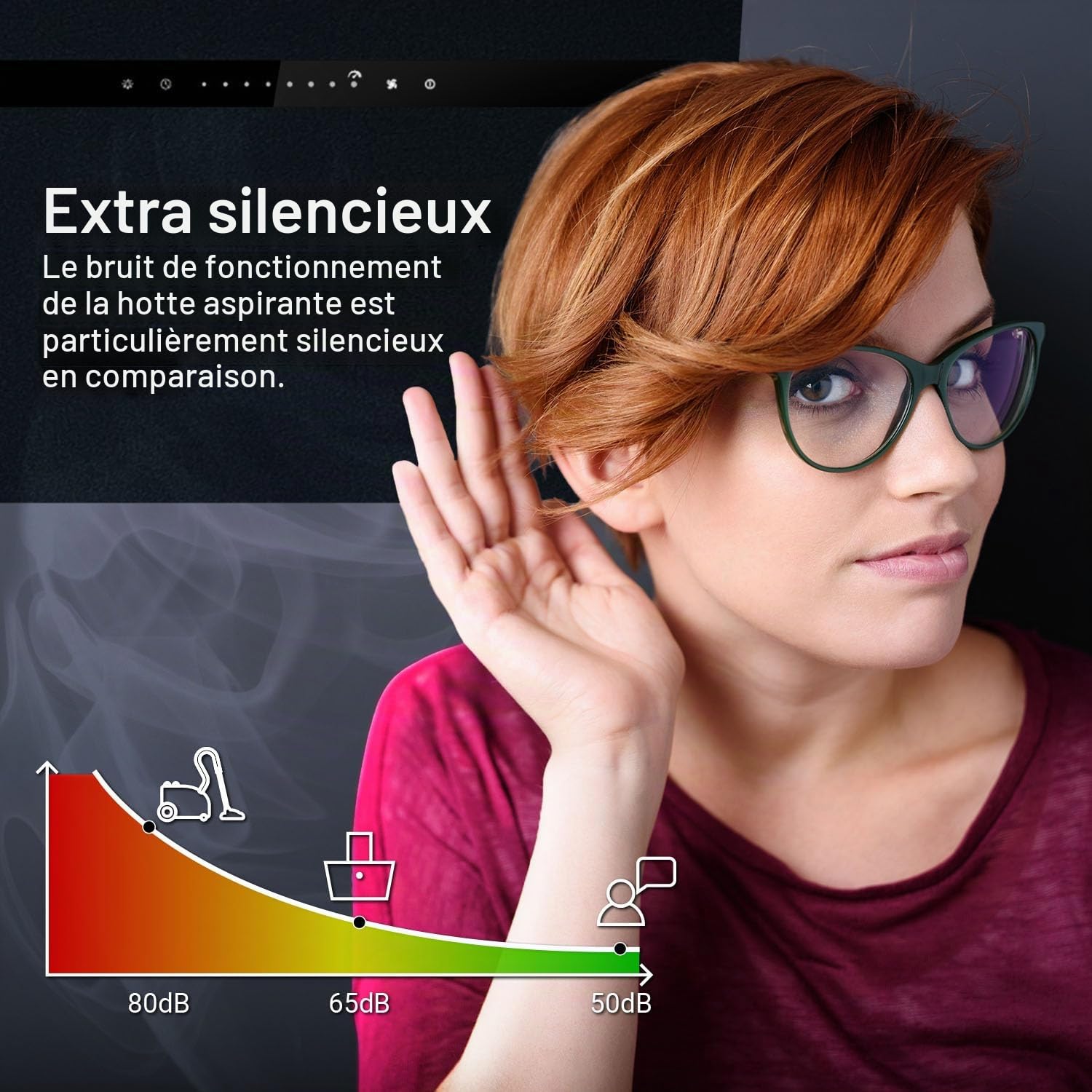 Hotte aspirante cuisine 80 cm | Inclinées | acier inoxydable | verre noir | WiFi | arrête automatiquement | éclairage LED RVB | Opération tactile | STYLE8005SMAO