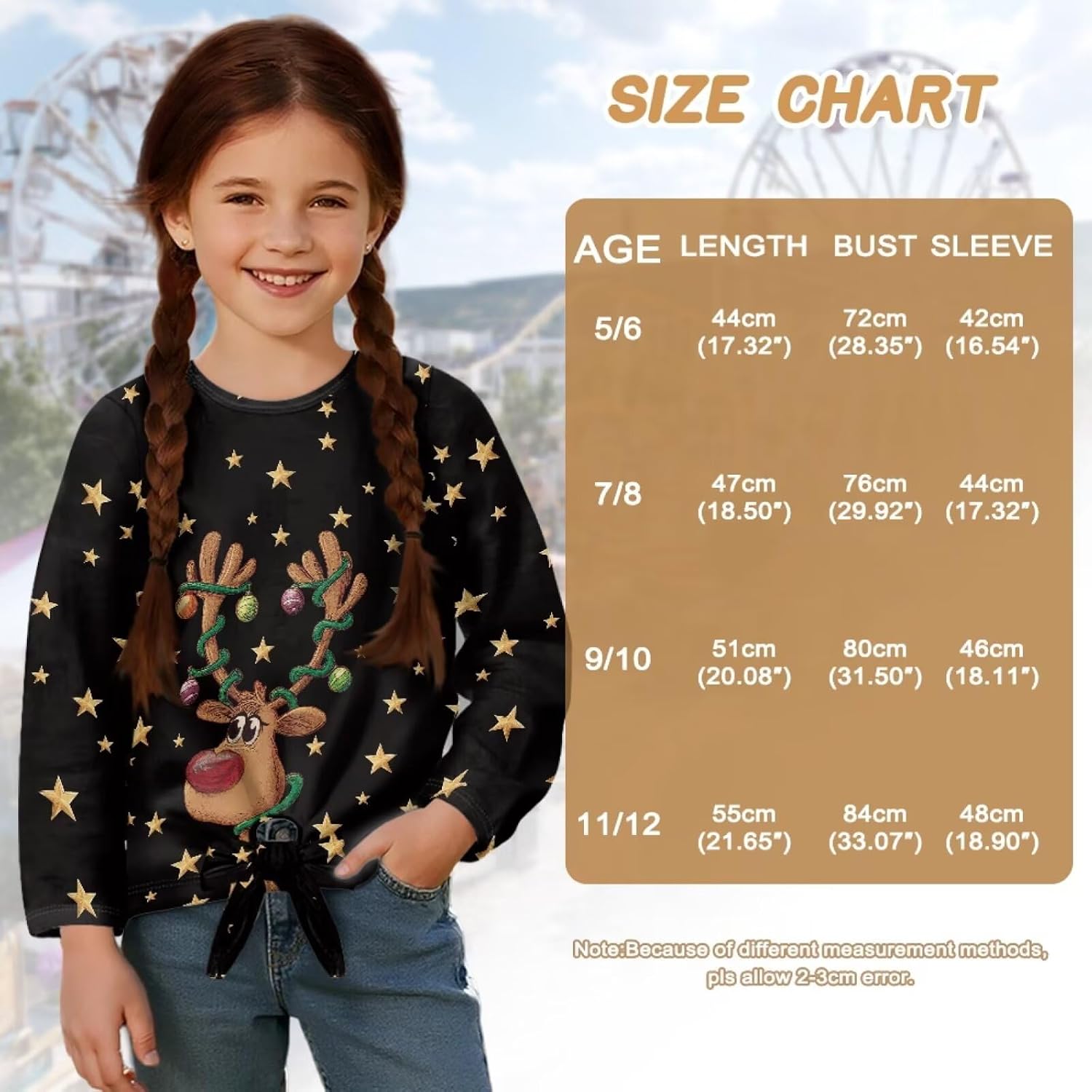 Christmas Theme T-shirts for Girls Crewneck Sweatshirt Long Sleeve Kids Top Tie Front Knot Pullover Size 5-12