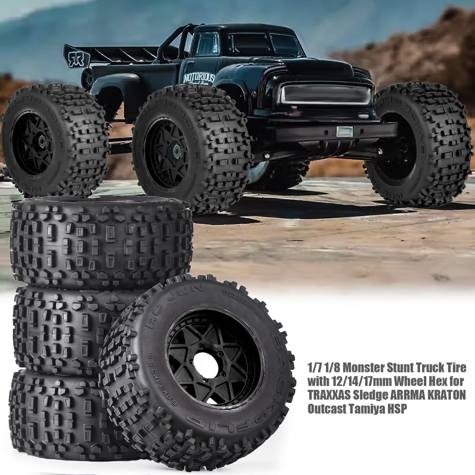 3.8" MT Monster Truck Tires with Foam Insert, 17mm/14mm/12mm Hex Adapters Included, Compatible with TRAXXAS Sledge - Image 3