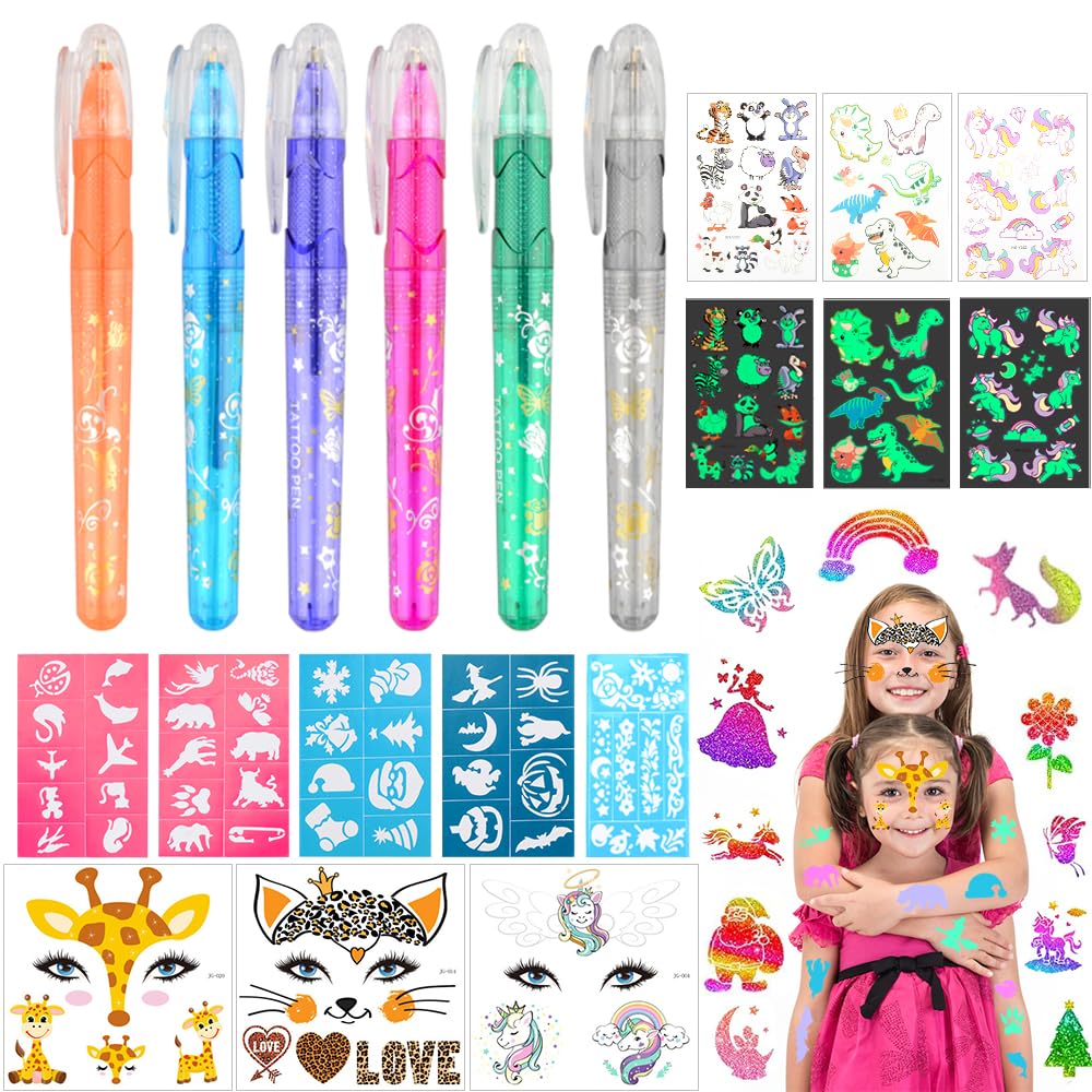 CHMMY Tatuajes Temporales Niños, Rotuladores Purpurina Tatuajes con 6 Colores, 35 plantillas, 3 Niños Tatuajes Luminosos, 3 Tatuajes Faciales, Juego Niña Niño para Fiesta Halloween Cumpleaños