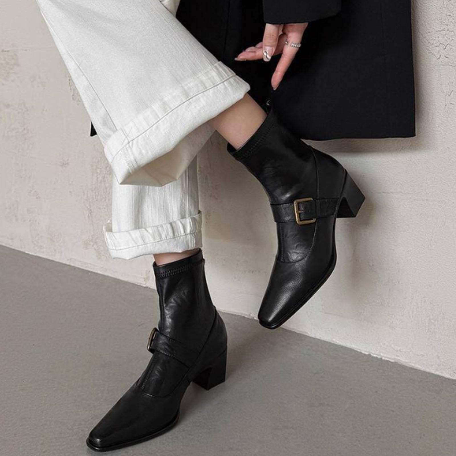 Stiefel Damen Spitzquadrat Schnallen Schafsleder Stiefeletten