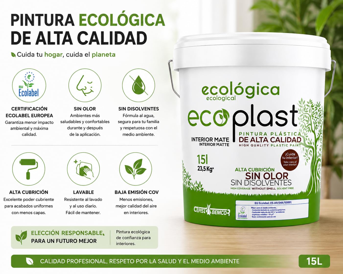 Ecoplast 15L Pintura Plástica Ecológica Interior Mate – Certificación Ecolabel Europea, Sin Olor, Sin Disolventes, Alta Cubrición, Lavable, Baja Emisión COV, Blanco Mate