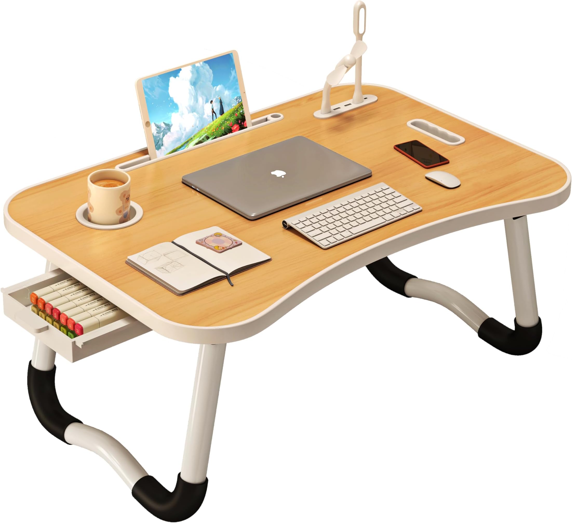 UNICOO® Foldable Laptop Stand Lap Desk with USB Charge Port | Portable Laptop Stand for Desk, Bed & Couch | Lap Desk with Cup Holder & Tablet Slot, Side Drawer | Ideal for Home & Office (Maple)