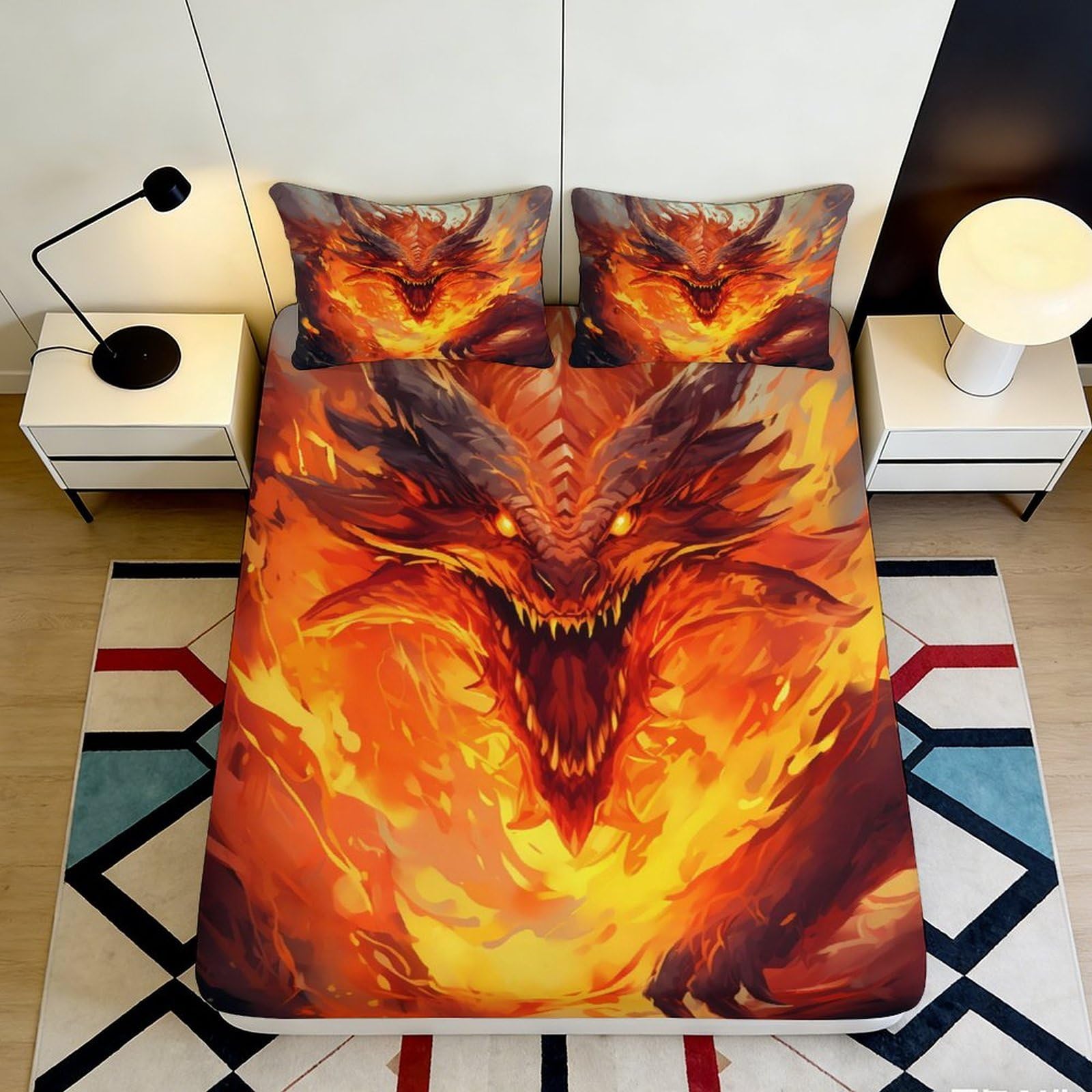 Pnayamiorkfel Style-3 3D Printed Fire Dragon Fitted Sheet Microfiber Soft Orange Flame Monster Bed Cover For Bedroom Dorm Mattress Decor 90X200x25cm